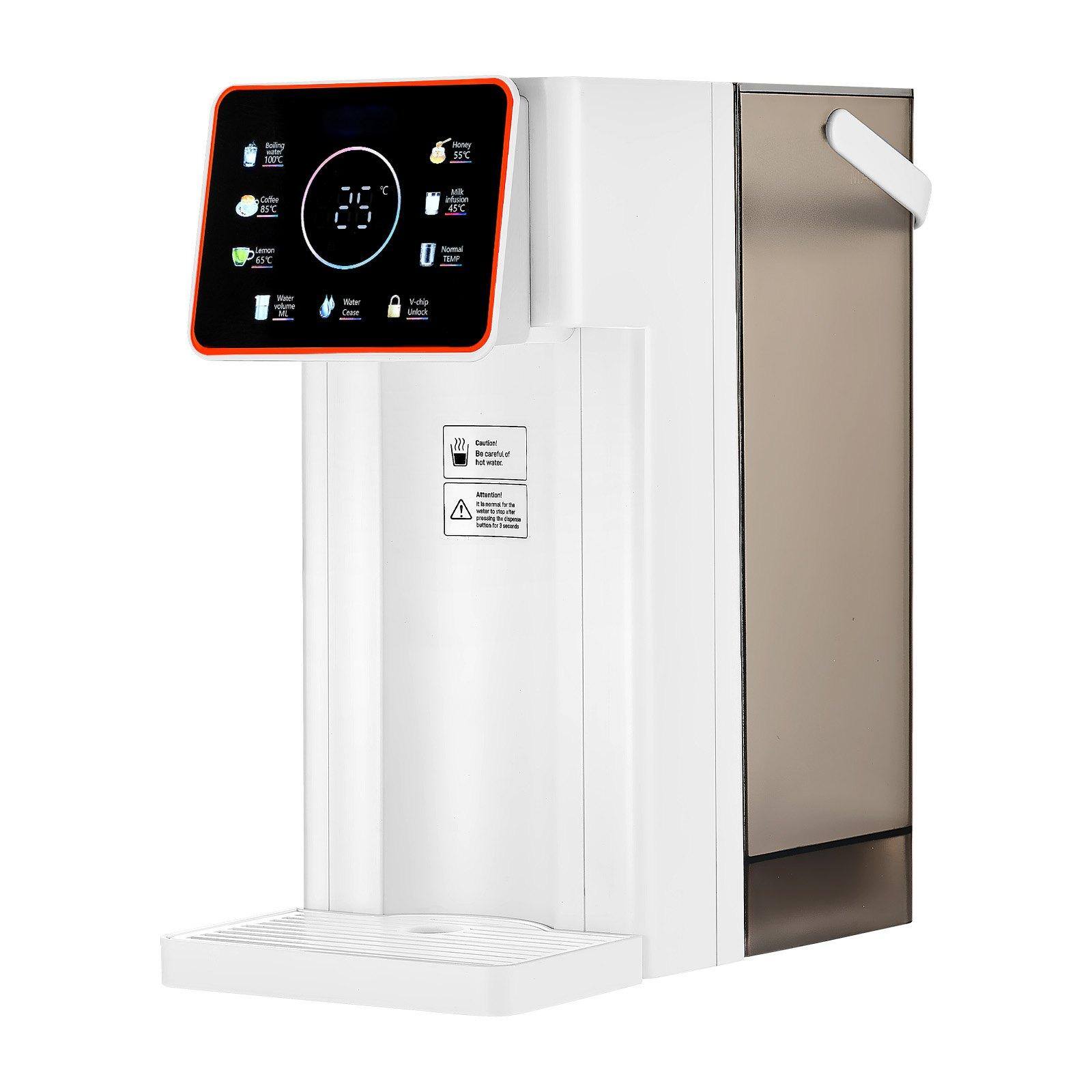 Sure, here is the corrected and grouped text from the image:

**Top Left Section:**
- Soding SBT
- Cafbe B
- MO ifoa D I ANC -oma U TEMP - m - Cose Futo - - de nte

**Control Panel:**
- Boiling 100°C
- Coffee 85°C
- Lemon 65°C
- Water 45°C
- Water Cooler
- Water 1.5L
- V-Filter
- Milk
- Normal
- Heat
- All 45°C

**Warning Labels:**
- Caution! Hot water and steam can cause burns.
- Attention! The machine is hot. Do not touch the machine or the water dispenser.

**Bottom Section:**
- (No text visible)