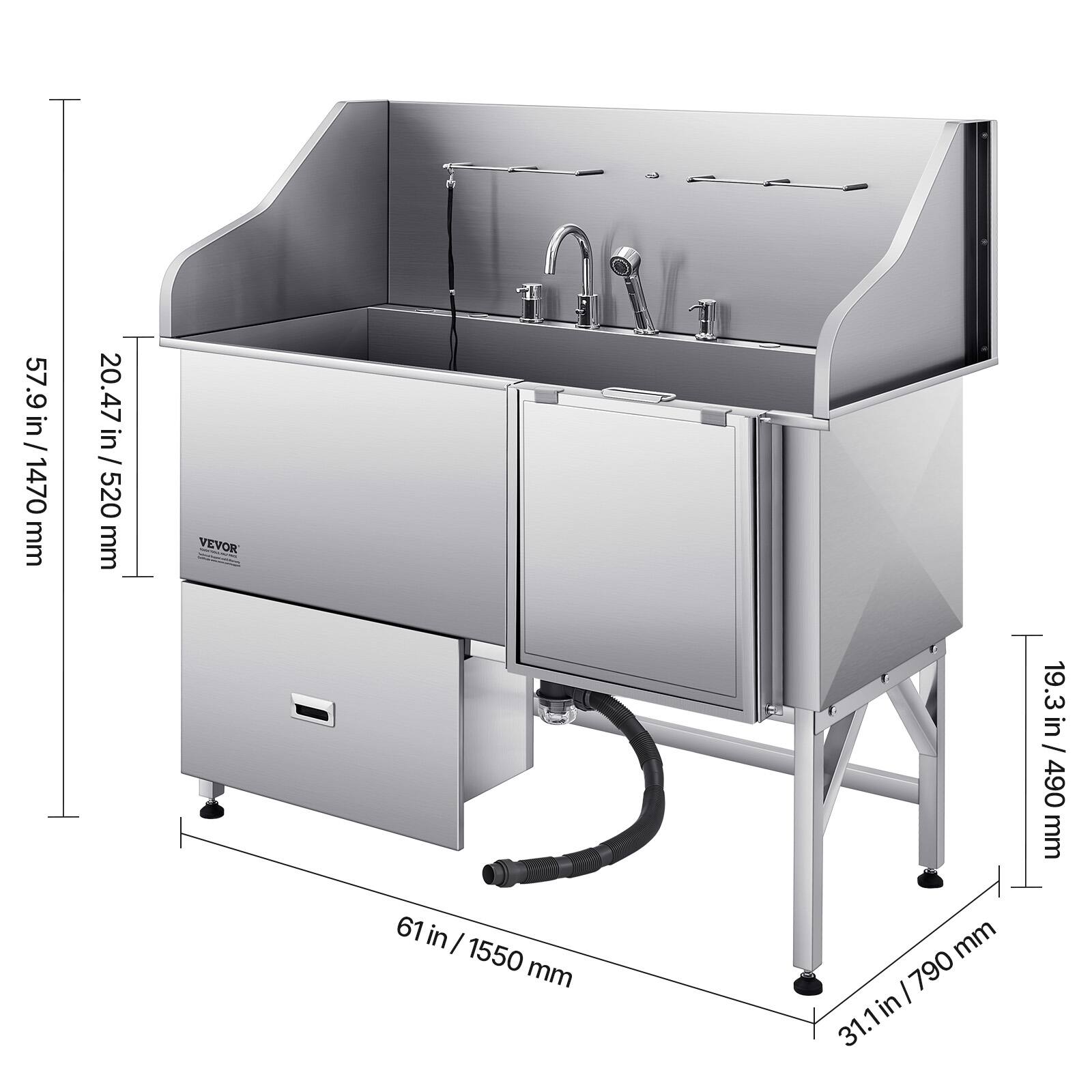 - 57.9 in / 1470 mm
- 20.47 in / 520 mm
- 61 in / 1550 mm
- 19.3 in / 490 mm
- 31.1 in / 790 mm