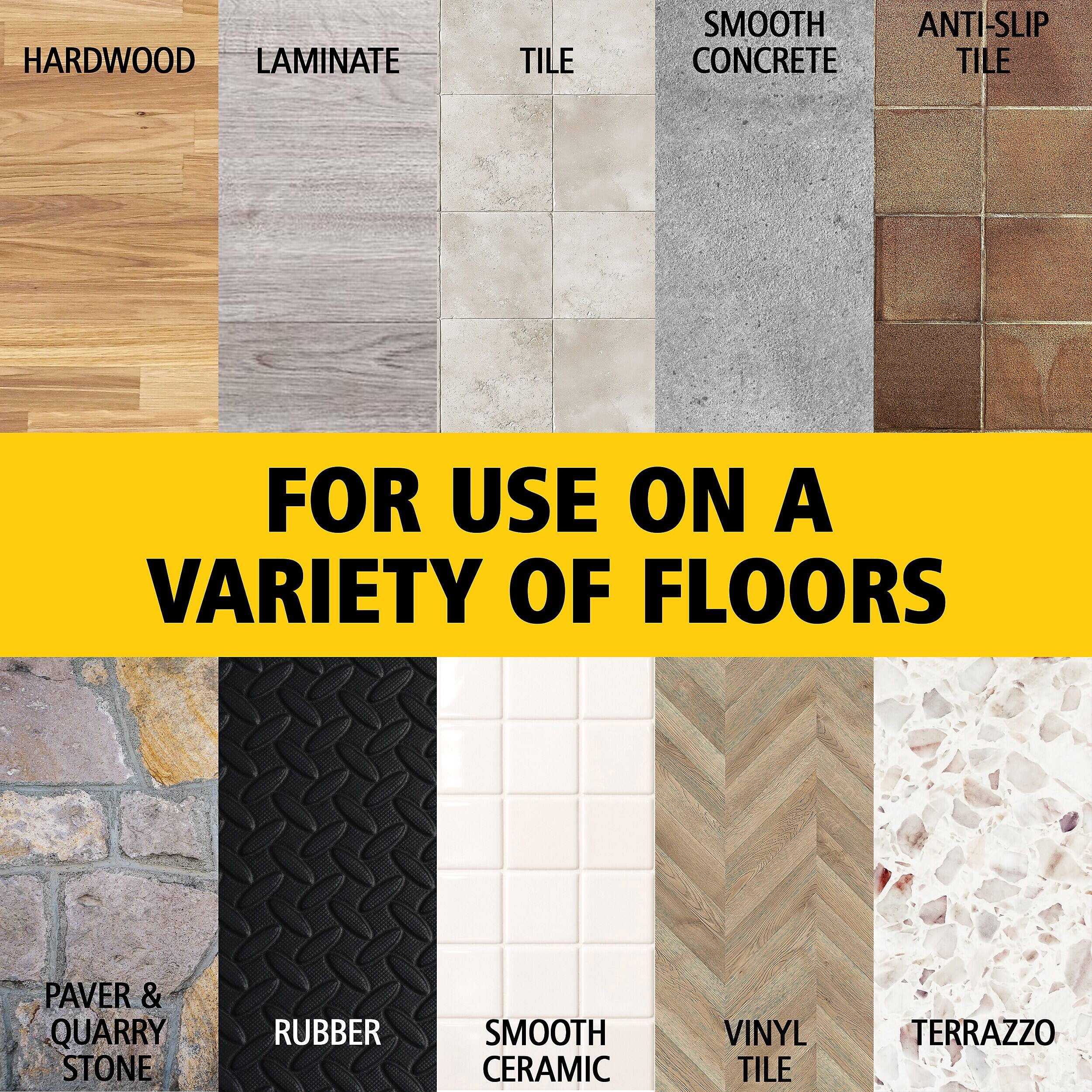 HARDWOOD LAMINATE  
TILE  
SMOOTH ANTI-SLIP CONCRETE TILE  
FOR USE ON A VARIETY OF FLOORS  
PAVER & QUARRY STONE  
RUBBER  
SMOOTH CERAMIC  
VINYL TILE  
TERRAZZO