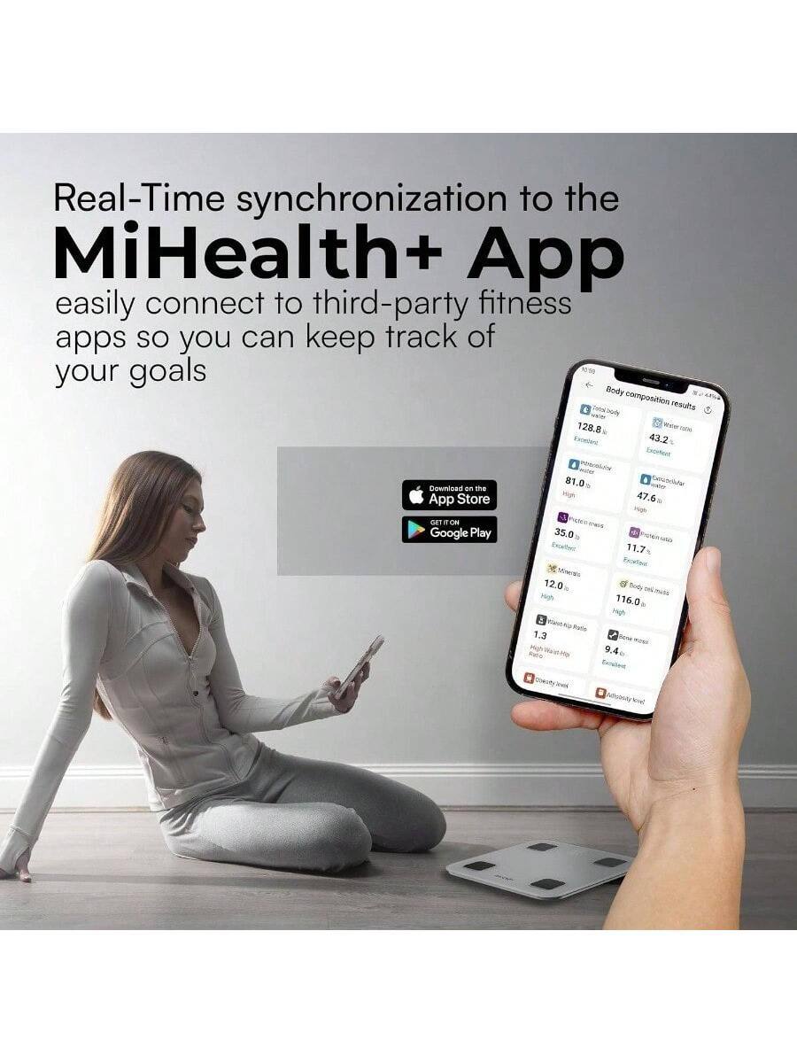 Real-Time synchronization to the MiHealth+ App  
easily connect to third-party fitness apps so you can keep track of your goals  

Body composition results  
- Total body water: 128.8 (Excellent)  
- Protein: 43.2 (Excellent)  
- Water: 81.0 (High)  
- Fat: 35.0 (Excellent)  
- Muscle: 47.6 (High)  
- Bone mass: 12.0 (High)  
- Body fat mass: 116.0 (High)  
- Waist hip ratio: 1.3 (High Waist Hip Ratio)  
- Body fat percentage: 9.4 (Excellent)  

Download on the App Store  
Get it on Google Play