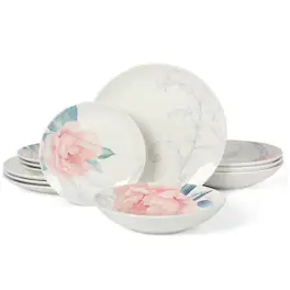Martha Stewart - Peony 12 Piece Round Fine Ceramic Dinnerware Set - White and Pink