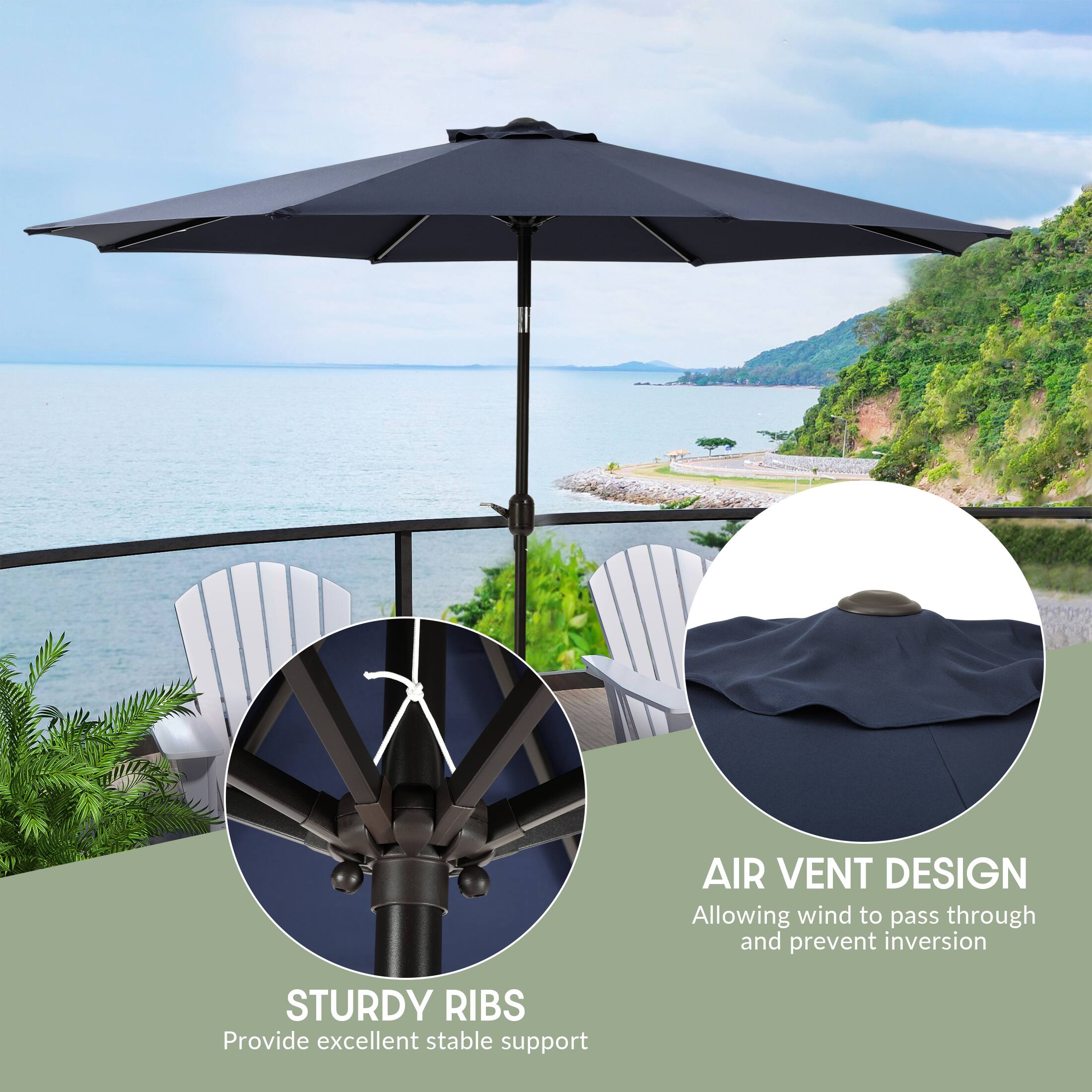 AIR VENT DESIGN  
Allowing wind to pass through and prevent inversion  

STURDY RIBS  
Provide excellent stable support