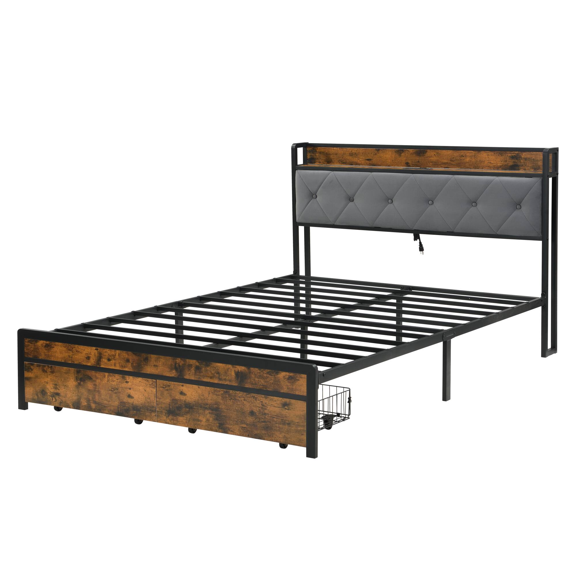 Alt View 2. GOODSILO - Modern Upholstered Full Bed Frame with LED Lighting, Storage Drawers, USB Charging Station, and Sturdy Metal Structure - Brown+Gray.