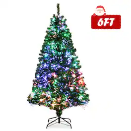 Costway - 6ft Pre-lit Fiber Optic PVC Artificial Christmas Tree w/ 617 Branch Tips - Green