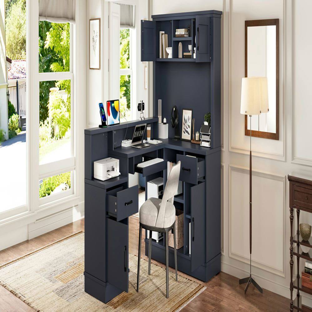 Alt View 9. Kadyn - L-Shaped Computer Corner Desk with Outlet, Drawers & Bookshelf, Gaming Study Writing Desk, Blue - Blue.