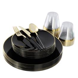 Elama - 150 Piece Disposable Plastic Dinnerware Party Set for 25 Guests with Gold Trim - Black