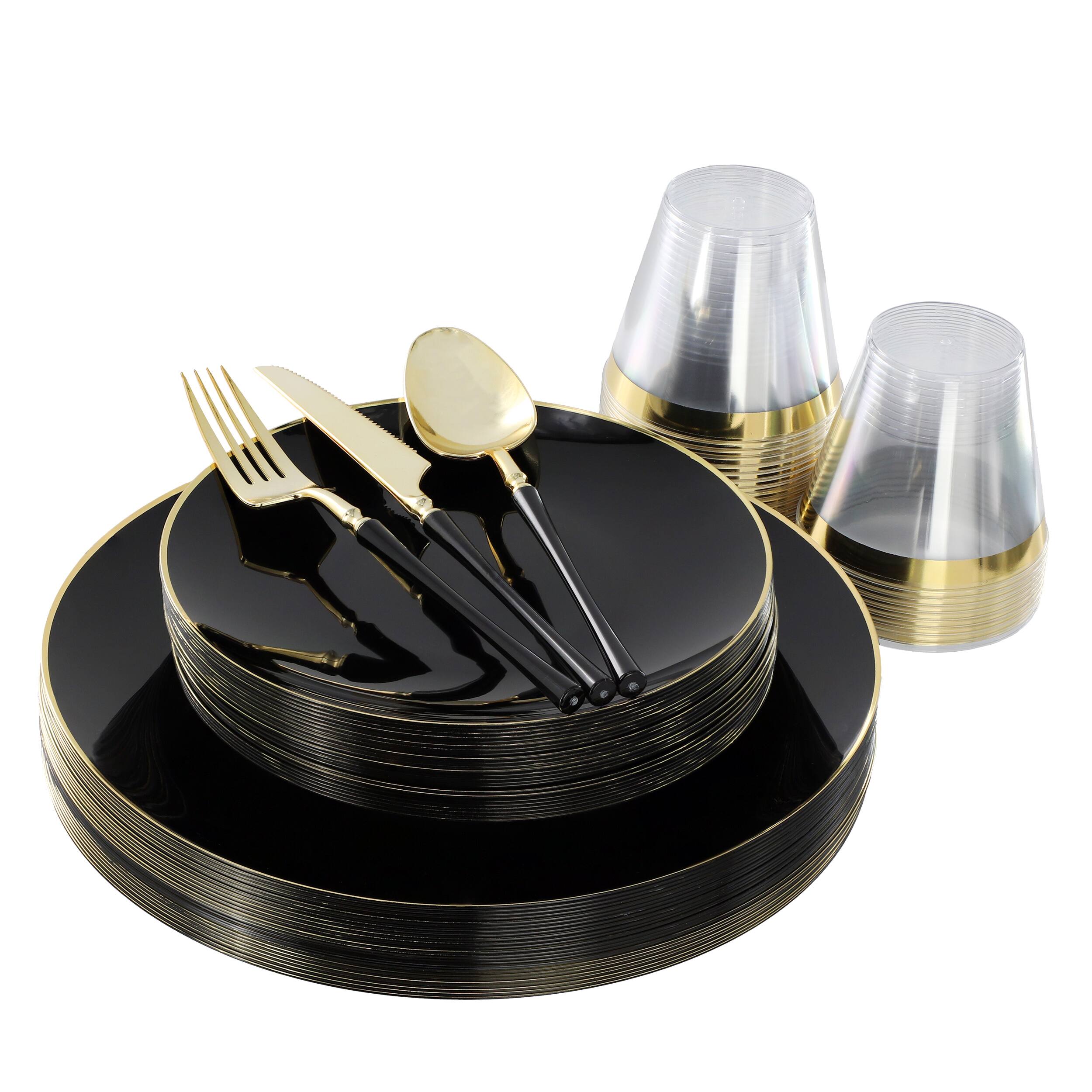 Elama - 150 Piece Disposable Plastic Dinnerware Party Set for 25 Guests with Gold Trim - Black