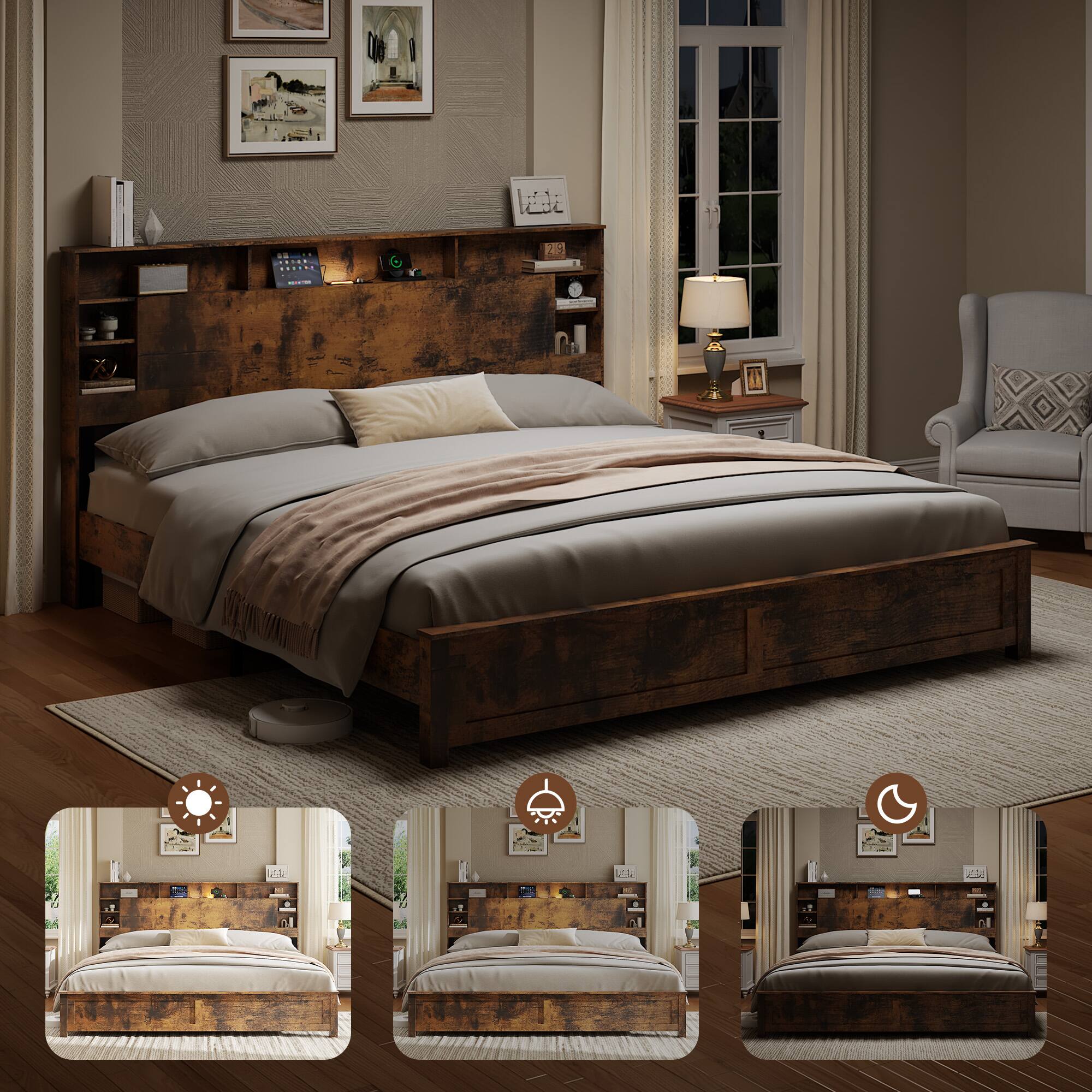 Back. LUCKY ONE - King Size Bed Frame with Storage Headboard,Charging Station, LED Lights - Dark Brown.