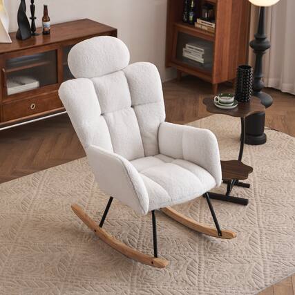 Front. GOODSILO - Teddy Fabric Upholstered Nursery Rocking Glider Chair Modern Accent Armchair Padded Seat High Backrest Pillow - Ivory.