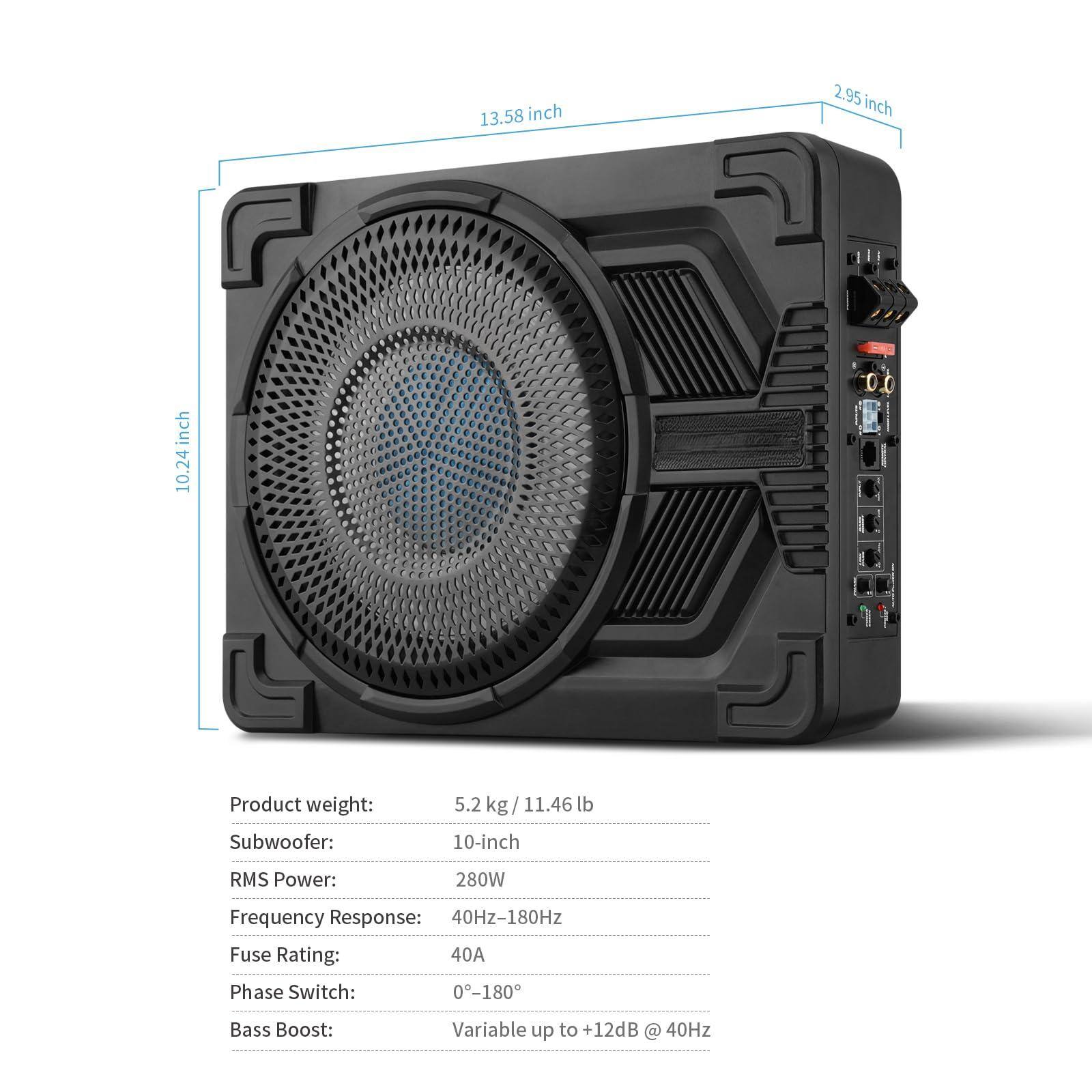 Sure, here is the corrected and grouped text:

---

**Dimensions:**
- Width: 13.58 inches
- Height: 10.24 inches
- Depth: 2.95 inches

**Specifications:**
- Product weight: 5.2 kg / 11.46 lb
- Subwoofer: 10-inch
- RMS Power: 280W
- Frequency Response: 40Hz-180Hz
- Fuse Rating: 40A
- Phase Switch: 0°-180°
- Bass Boost: Variable up to +12dB @ 40Hz

---