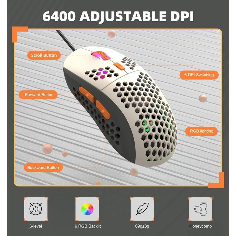 6400 Adjustable DPI  
Scroll Button  
6 DPI Switching  
Forward Button  
Backward Button  
RGB Lighting  
6-level  
6 RGB Backlit  
69g±3g  
Honeycomb