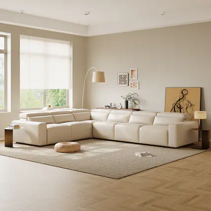 Front. POVISON - 141" L-shaped Power Reclining Modular Sofa, Dual-charging, 2 Deep Seat 90°-145° Recline,Adjustable Headrest, Black - Beige Sustainable Leather.