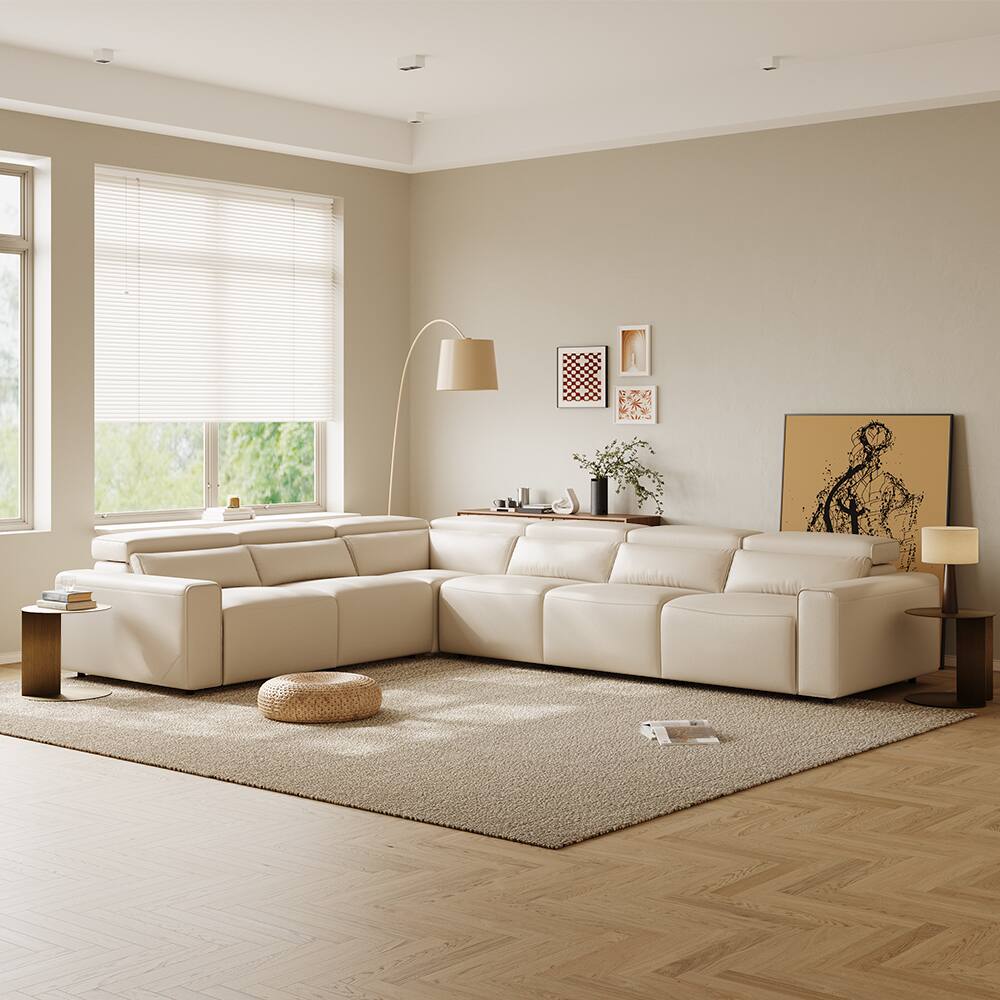 Front. POVISON - 141" L-shaped Power Reclining Modular Sofa,  Dual-charging, 2 Deep Seat 90°-145° Recline,Adjustable Headrest, Black - Beige Sustainable Leather.