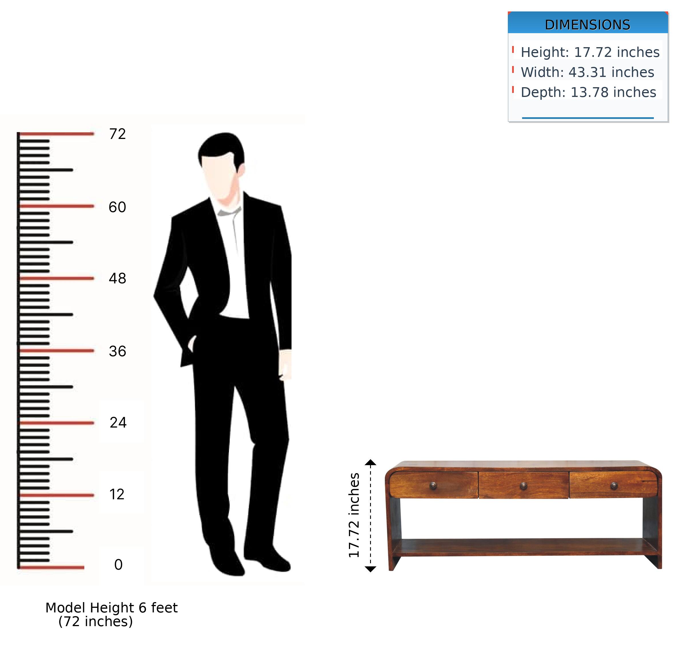 DIMENSIONS  
- Height: 17.72 inches  
- Width: 43.31 inches  
- Depth: 13.78 inches  

Model Height: 6 feet (72 inches)