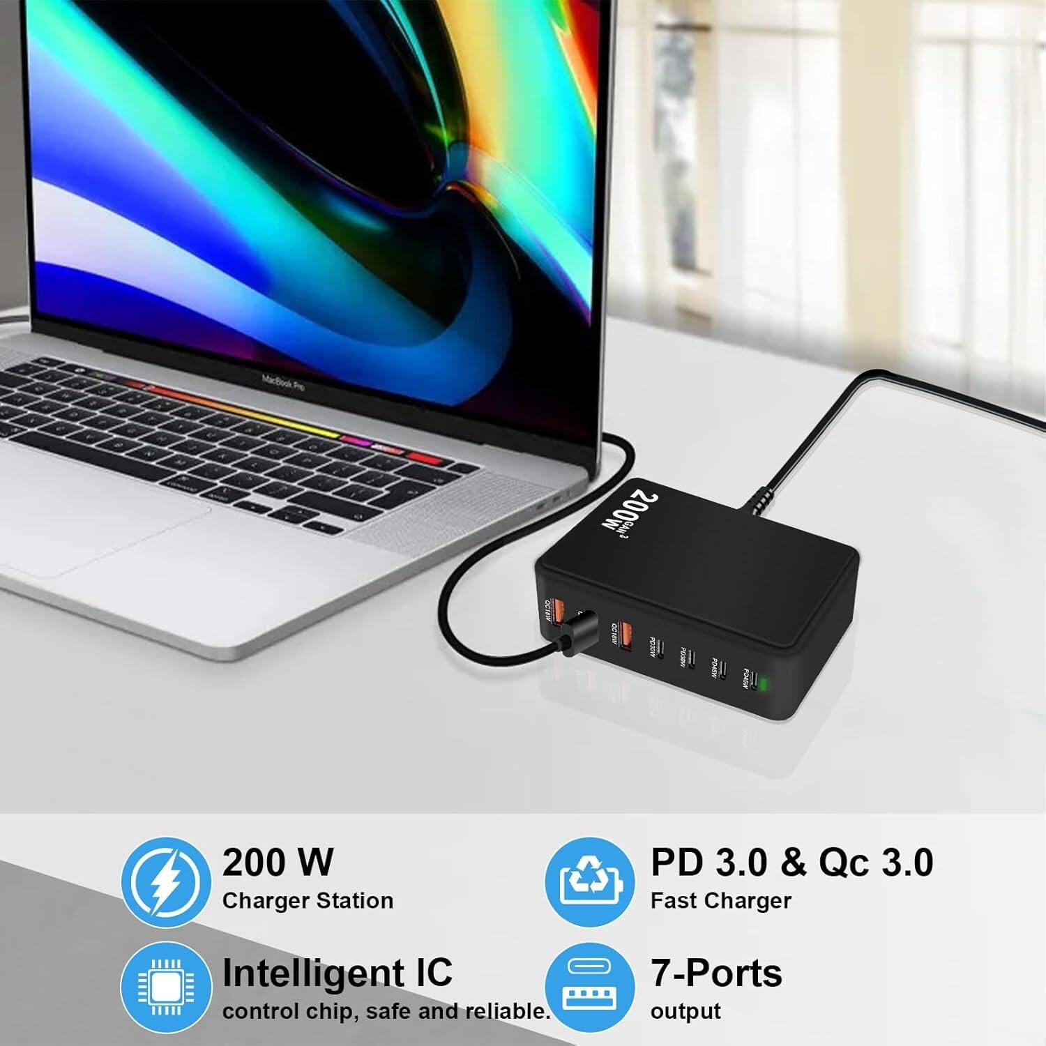 200 W Charger Station, PD 3.0 & Qc 3.0 Fast Charger, Intelligent IC control chip, safe and reliable, 7-Ports output