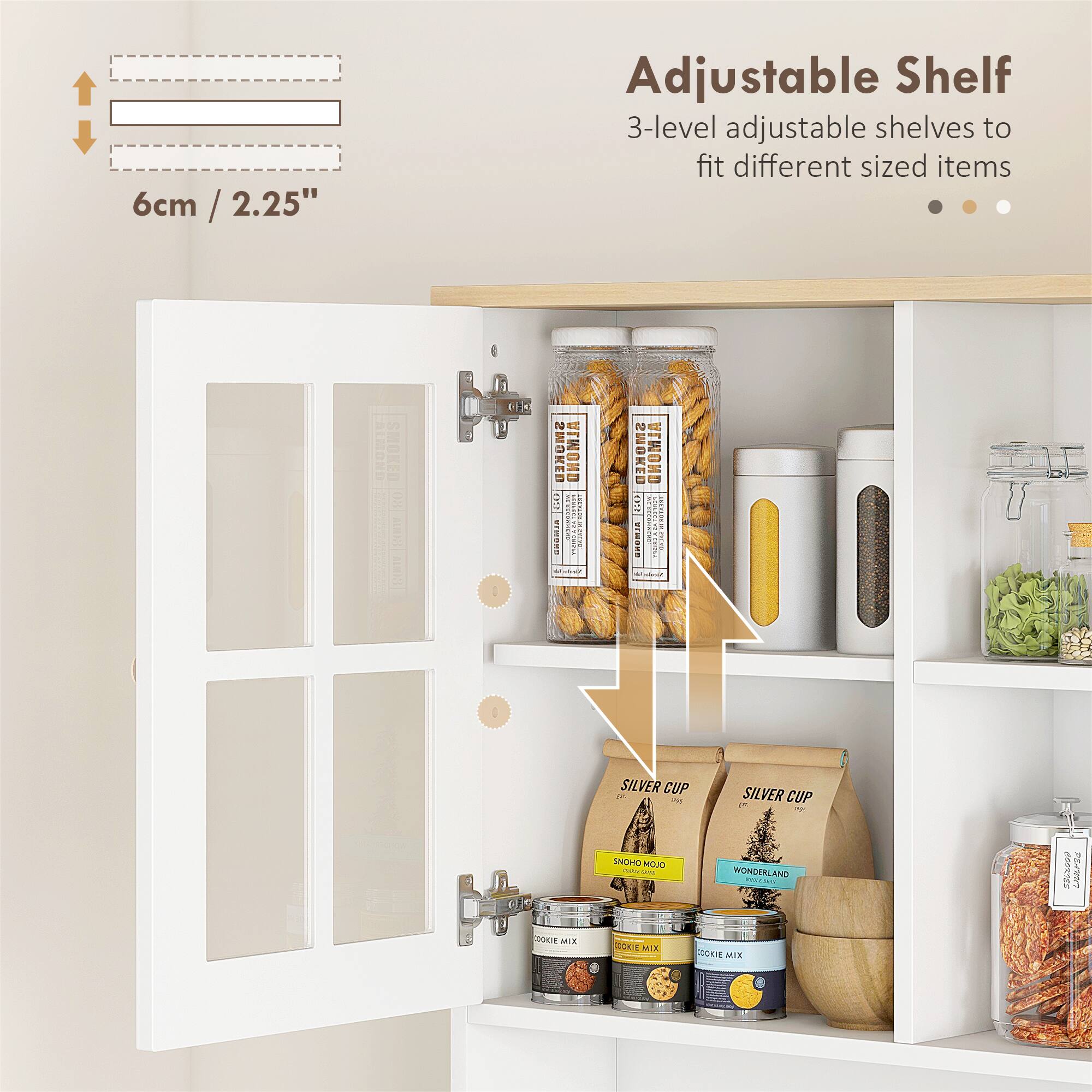 Adjustable Shelf, 3-level adjustable shelves to fit different sized items, 6cm / 2.25", SMOKED, WONDERLAND, SILVER CUP, SNOHO MOJ, COOKIE MIX, WOKIE MIX