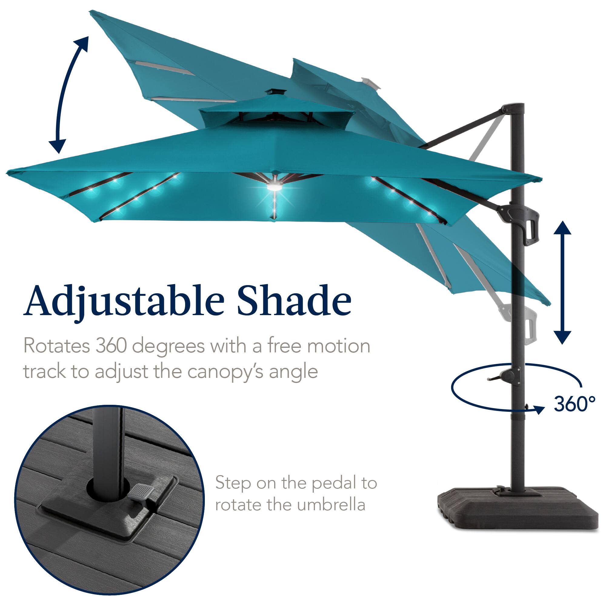Adjustable Shade  
Rotates 360 degrees with a free motion track to adjust the canopy's angle  

Step on the pedal to rotate the umbrella