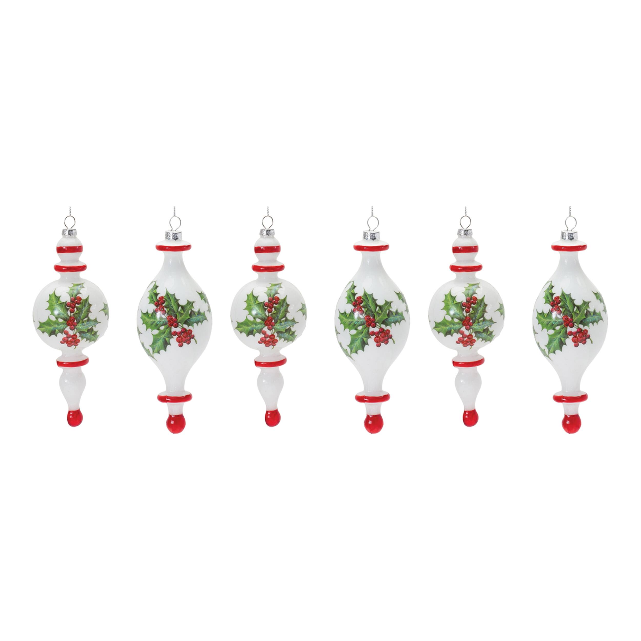 Left. BreeBe - Holly Finial Drop Ornament (Set of 6) - White, Green, Red.
