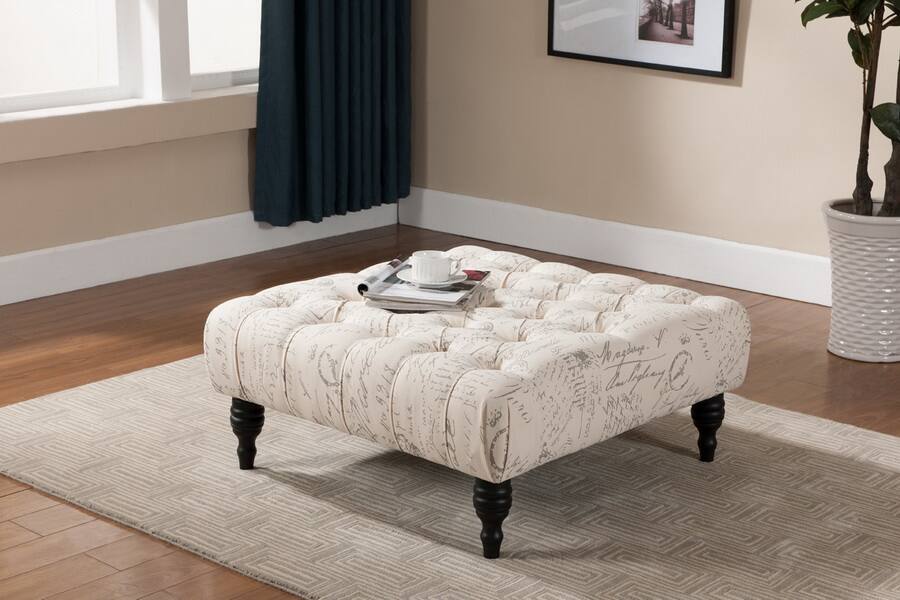 Left. Baxton Studio - Keswick Script Print Modern Tufted Ottoman - Beige.