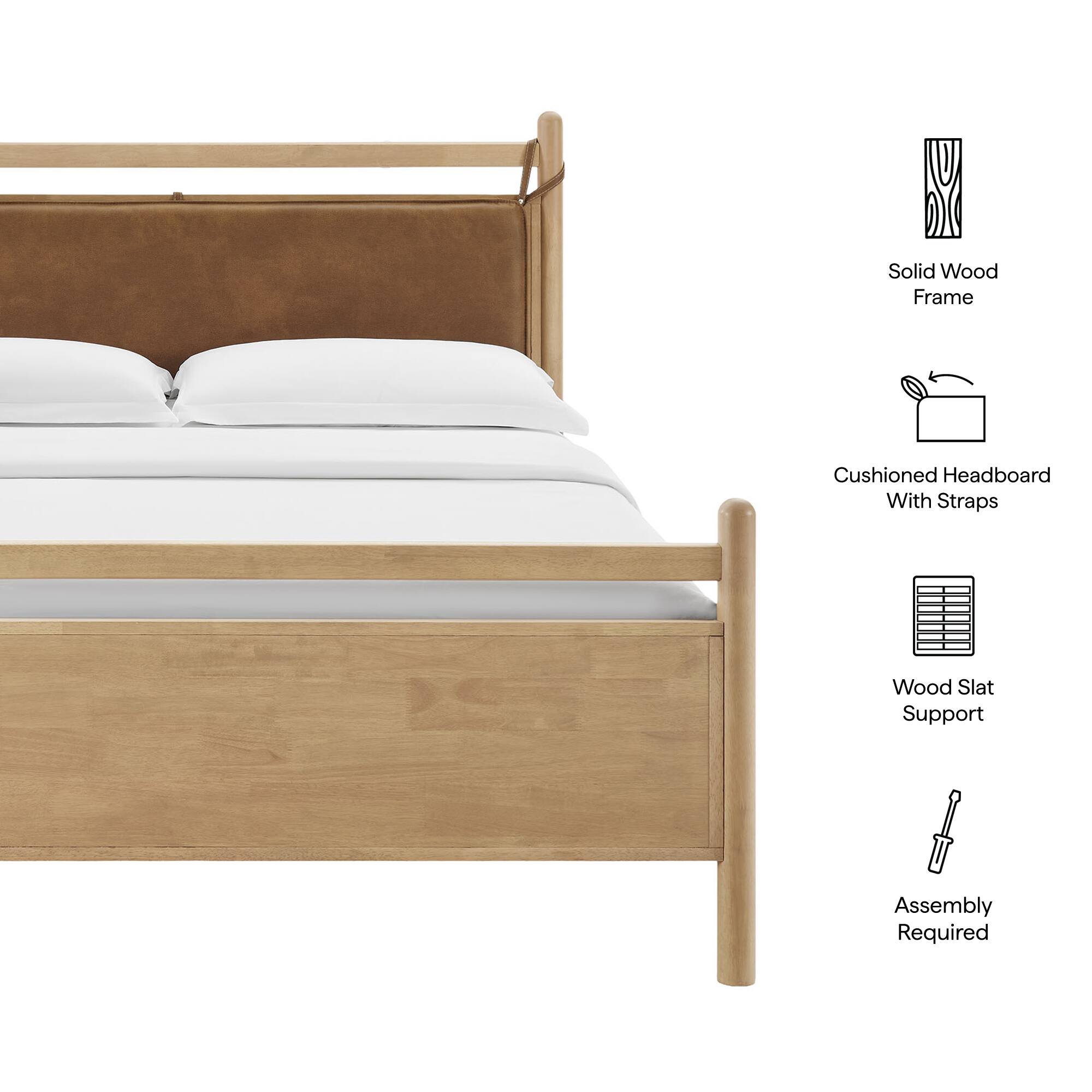 Solid Wood Frame  
Cushioned Headboard With Straps  
Wood Slat Support  
Assembly Required
