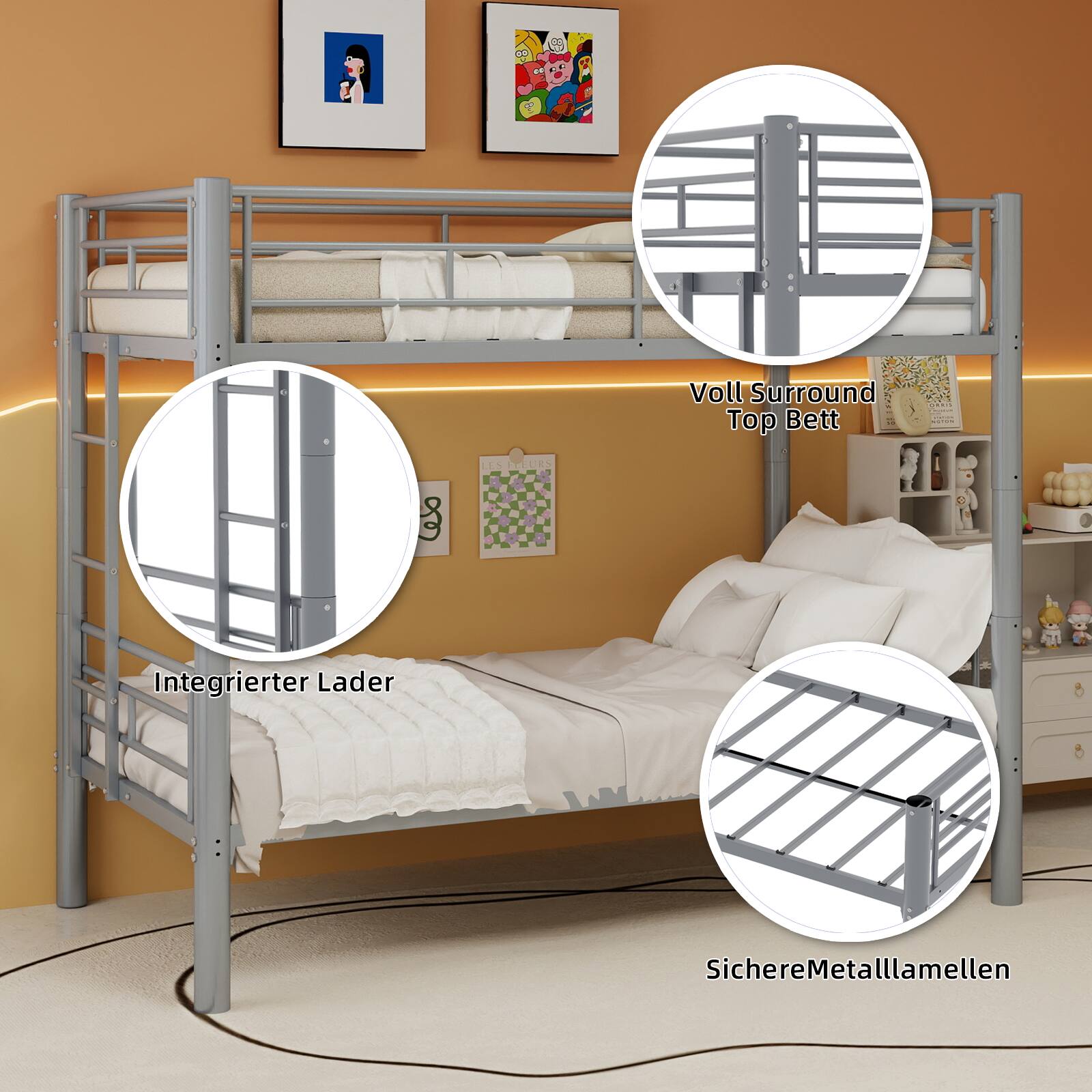 Voll Surround Top Bett  
Integrierter Lader  
Sichere Metalllamellen