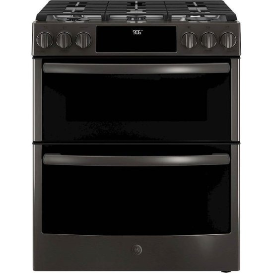 GE – 6.7 Cu. Ft. Slide-In Double Oven Gas Convection Range – Black stainless steel
