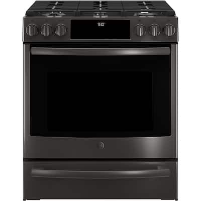 GE - 5.6 Cu. Ft. Slide-In Gas Convection Range - Black stainless steel