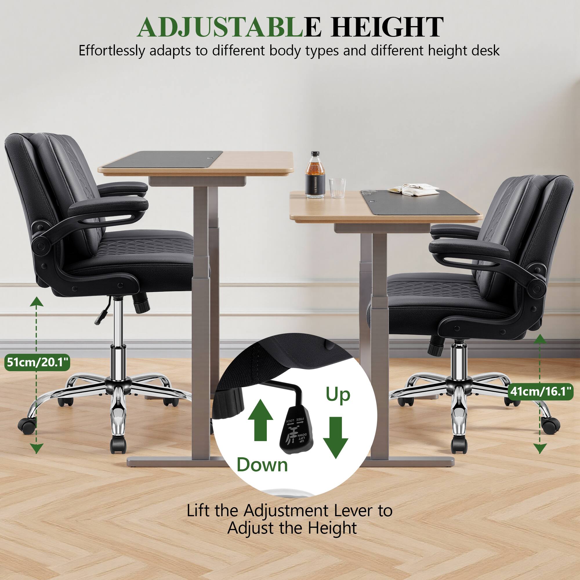 ADJUSTABLE HEIGHT  
Effortlessly adapts to different body types and different height desk  

51cm/20.1" - 41cm/16.1"  

Lift the Adjustment Lever to Adjust the Height