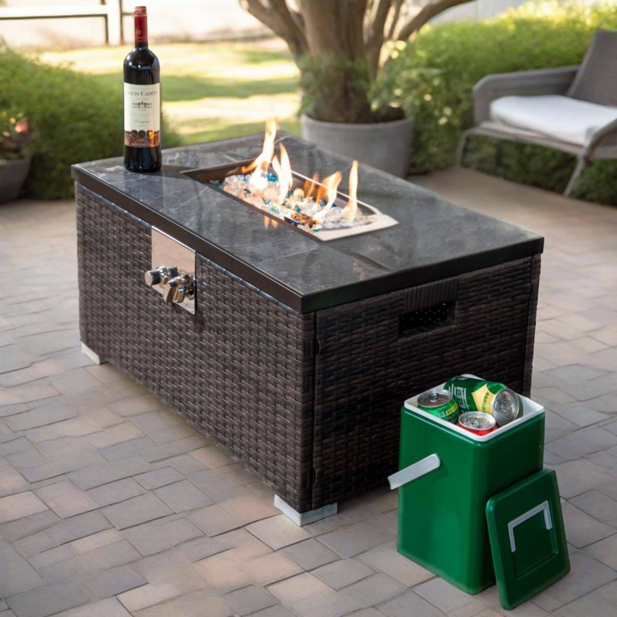 Alt View 4. Boyel Living - 32 Inch Outdoor Rectangular Propane Fire Pit Table Tile Top Wicker Base Brown - Brown.