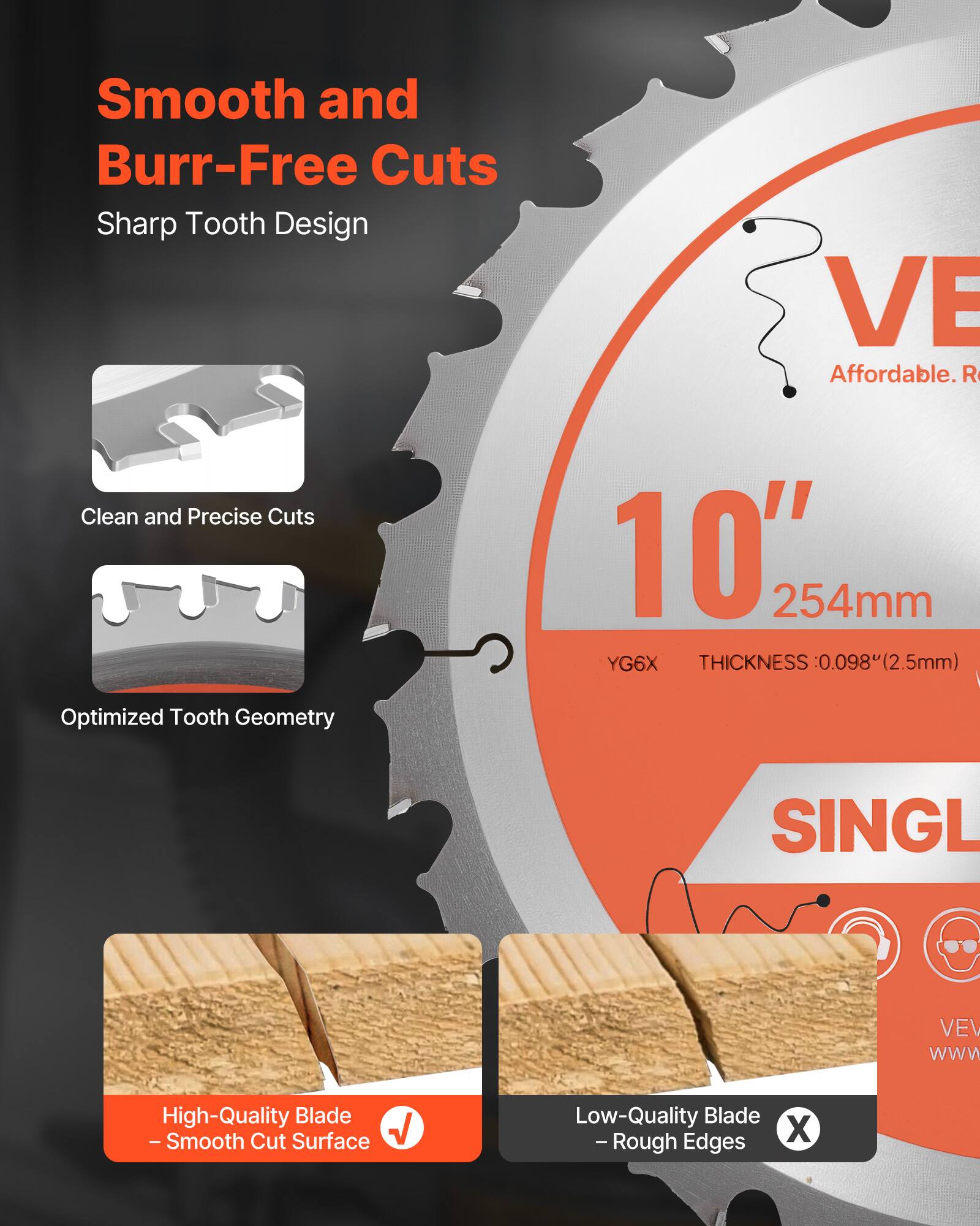 Smooth and Burr-Free Cuts  
Sharp Tooth Design  

Clean and Precise Cuts  

Optimized Tooth Geometry  

10"  
254mm  
YG6X  
THICKNESS: 0.098" (2.5mm)  

High-Quality Blade  
- Smooth Cut Surface  

Low-Quality Blade  
- Rough Edges  

Affordable.  

SINGL  

VEV  
www