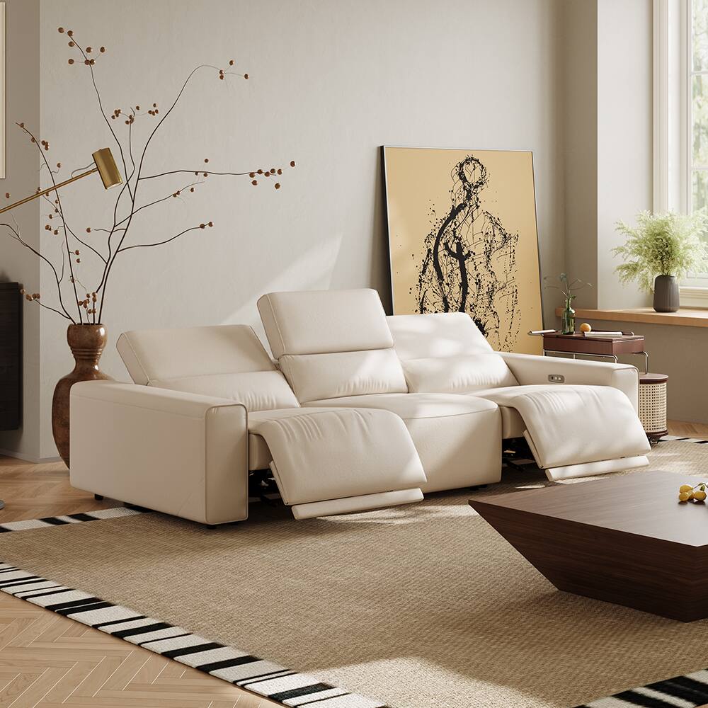 Angle. POVISON - 109" Modern Power Recliner Sofa  2 Deep Seat 90°-145° Recline, USB& USB-C Charging, Pet-friendly Couches, Black - Beige Sustainable Leather.