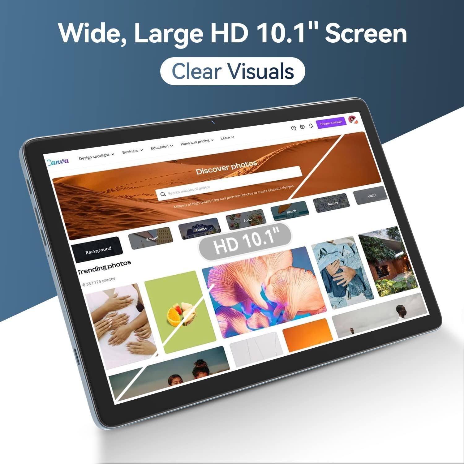 Wide, Large HD 10.1" Screen Clear Visuals

Canva
Discover - photos
Search millions of high-quality and premium photos
Trending photos
8.337,175 photos
Background photos

Education
Business
Design
Plans and pricing
Learn
Create & design

Beach
Food
Money
School
Travel

HD 10.1"