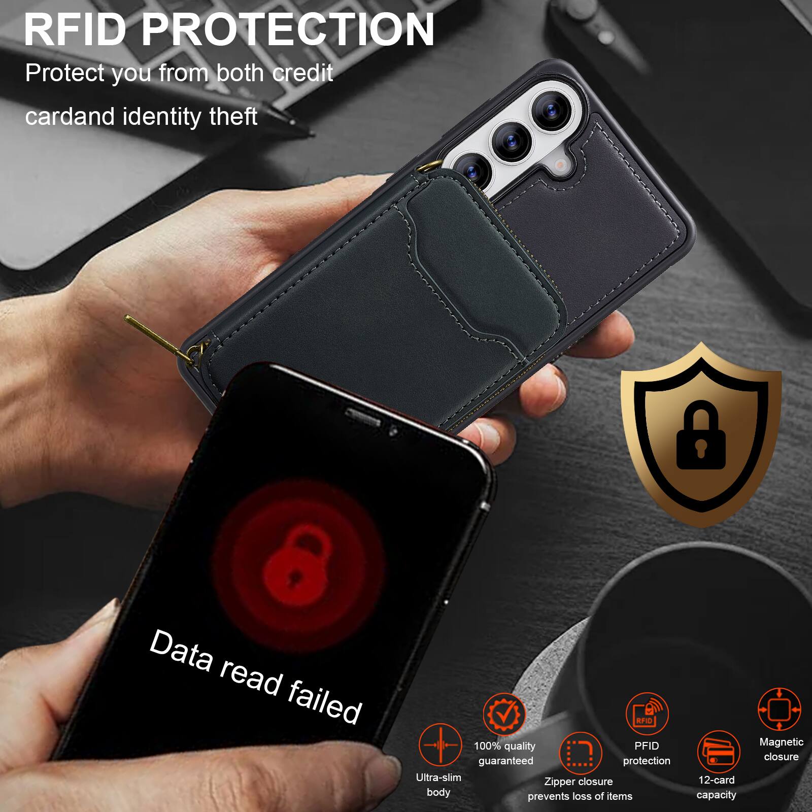 RFID PROTECTION  
Protect you from both credit card and identity theft  

Data read failed  

100% quality guaranteed protection  
Ultra-slim closure  
Zipper body prevents loss of items  
Magnetic closure  
12-card capacity  

RFID PROTECTION  
Protect you from both credit card and identity theft  

Data read failed  

100% quality guaranteed  
RFID protection  
Zipper closure prevents loss of items  
Magnetic closure  
12-card capacity