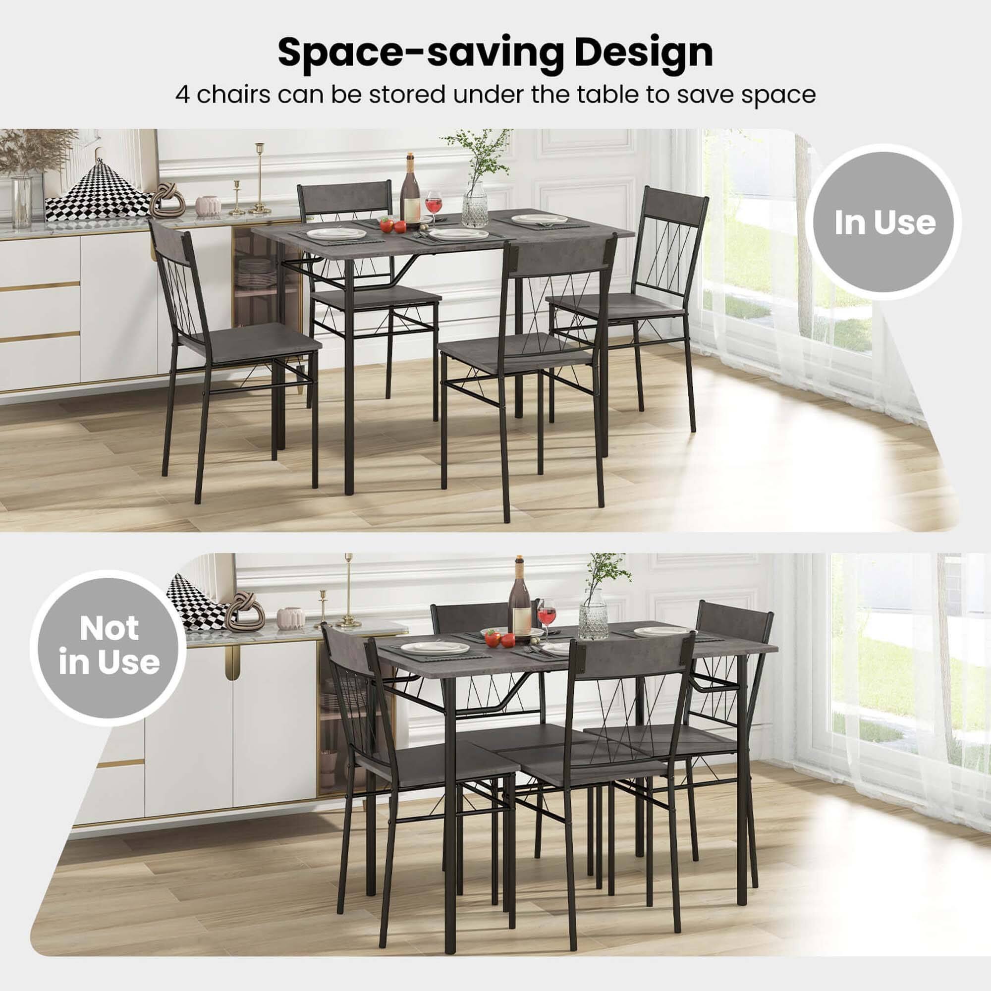 Space-saving Design: 4 chairs can be stored under the table to save space. In Use: Not in Use.