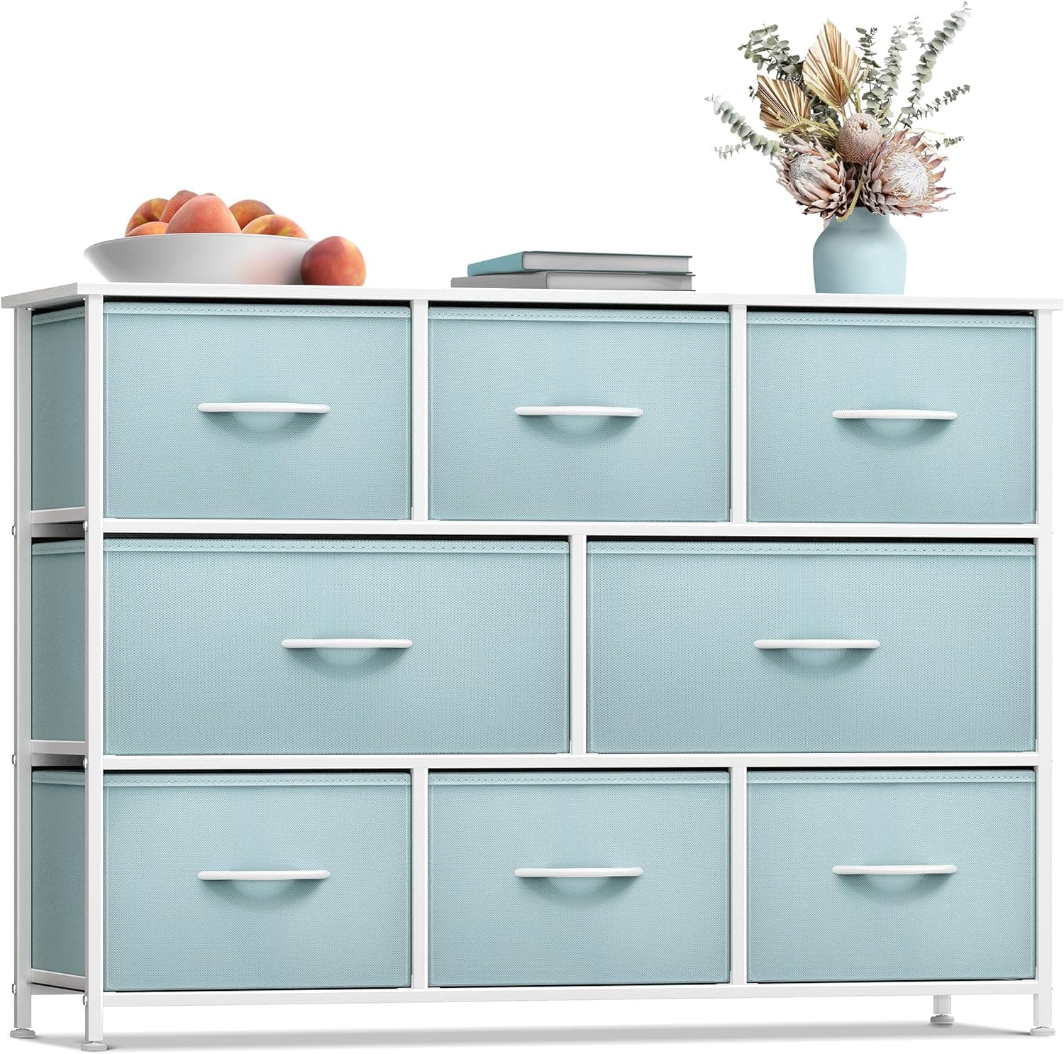 Sorbus - 8 Drawers Wide Dresser - Organizer Unit with Steel Frame, Wood Top, and Handle, and Fabric Bins - Aqua