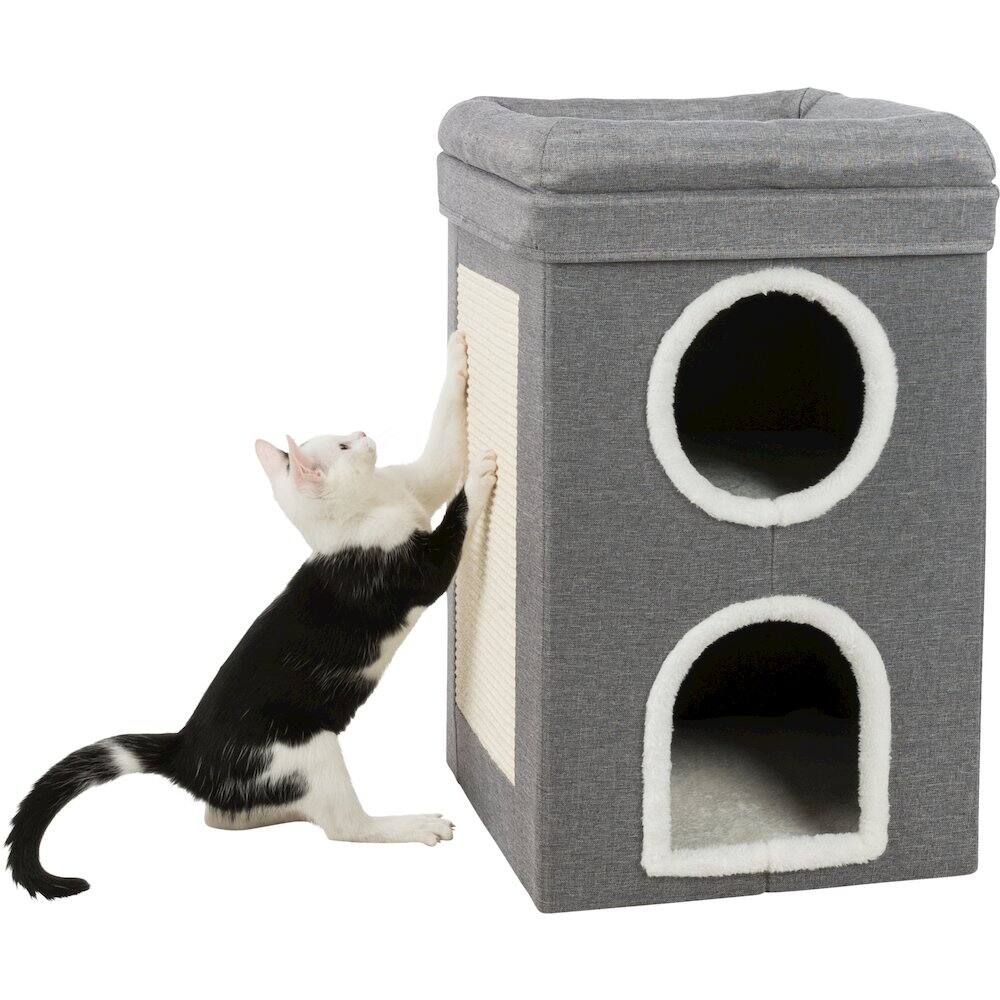 Left. TRIXIE - Saul 25" Cat Tower, 2-Story Cat Condo, Sisal Cat Scratcher, Cat Cube, Gray - Gray.