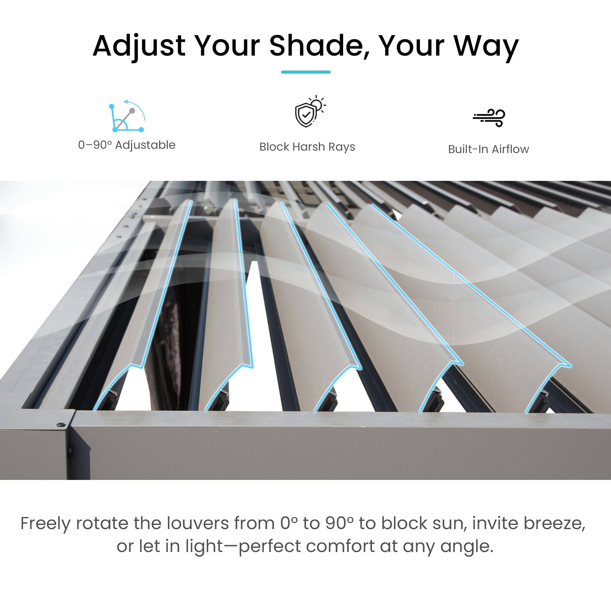Adjust Your Shade, Your Way

0-90 Adjustable

Block Harsh Rays

Built-In Airflow

Freely rotate the louvers from 0° to 90° to block sun, invite breeze, or let in light—perfect comfort at any angle.