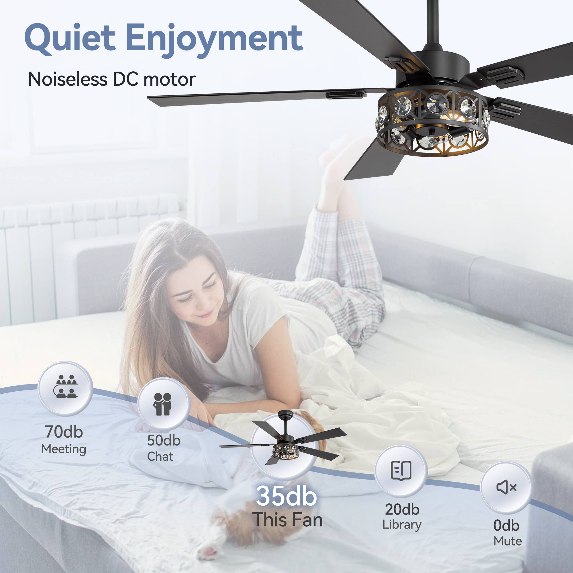 Quiet Enjoyment, Noiseless DC motor, 70db Meeting, 50db Chat, 35db This Fan, 20db Library, 0db Mute