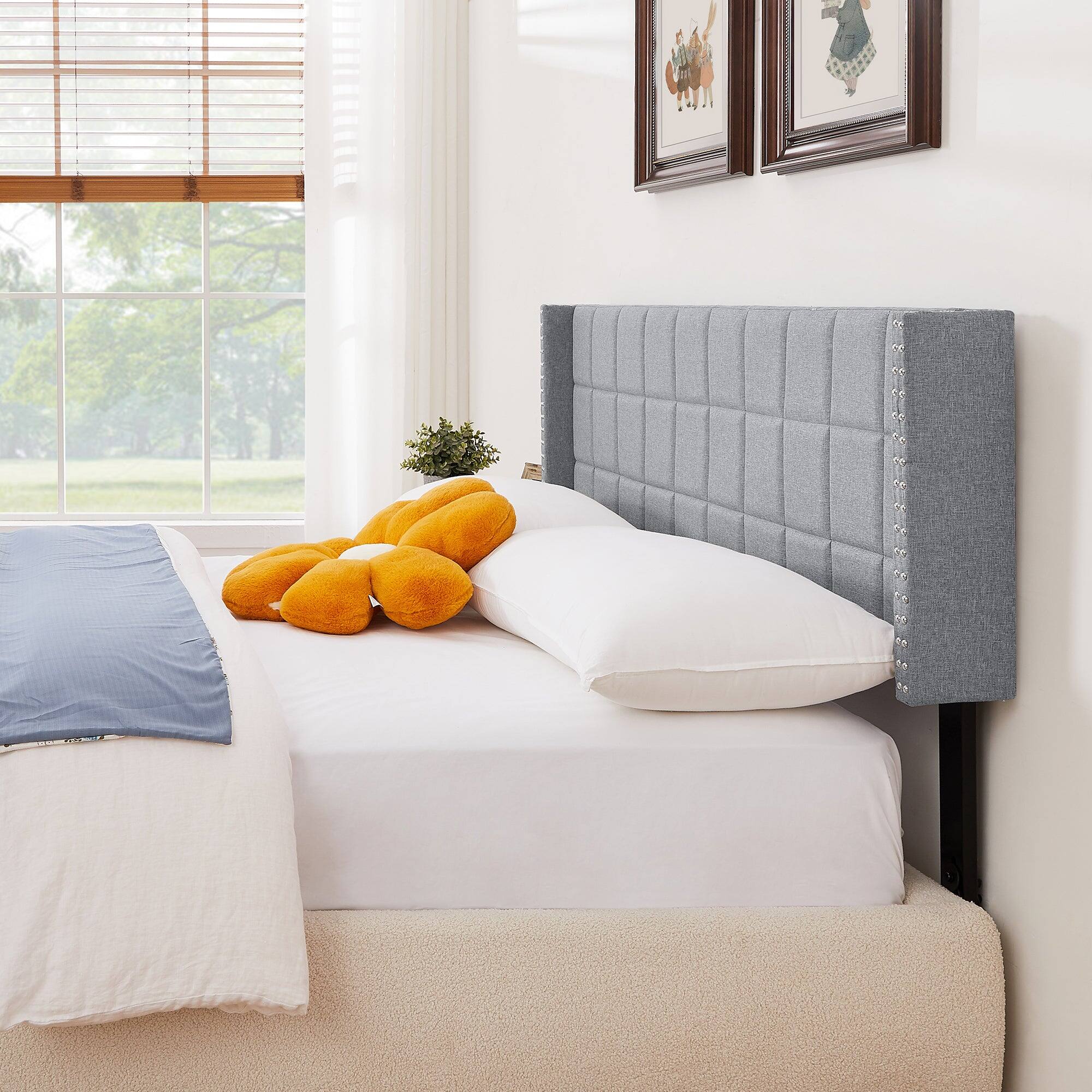 Alt View 4. Vecelo - Adjustable Linen Queen Headboard with Wingback, Tufted Upholstered Design for King or Queen Bed, Nailhead Trim - Light Grey.