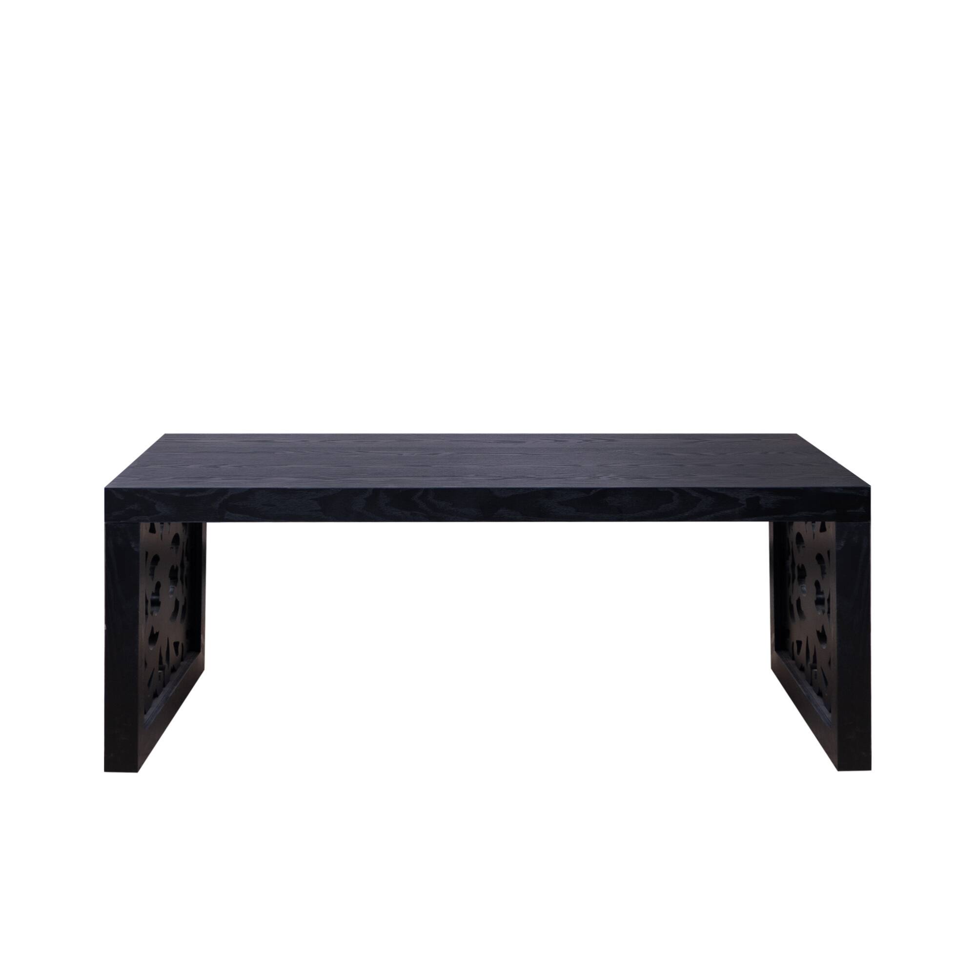 Left. GOODSILO - Handcrafted Rustic Wood Coffee Table with Ornate Side Panels and Natural Finish - Black.