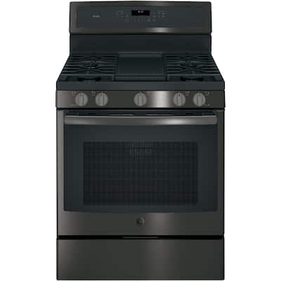 GE - 5.6 Cu. Ft. Freestanding Gas Convection Range - Black stainless steel