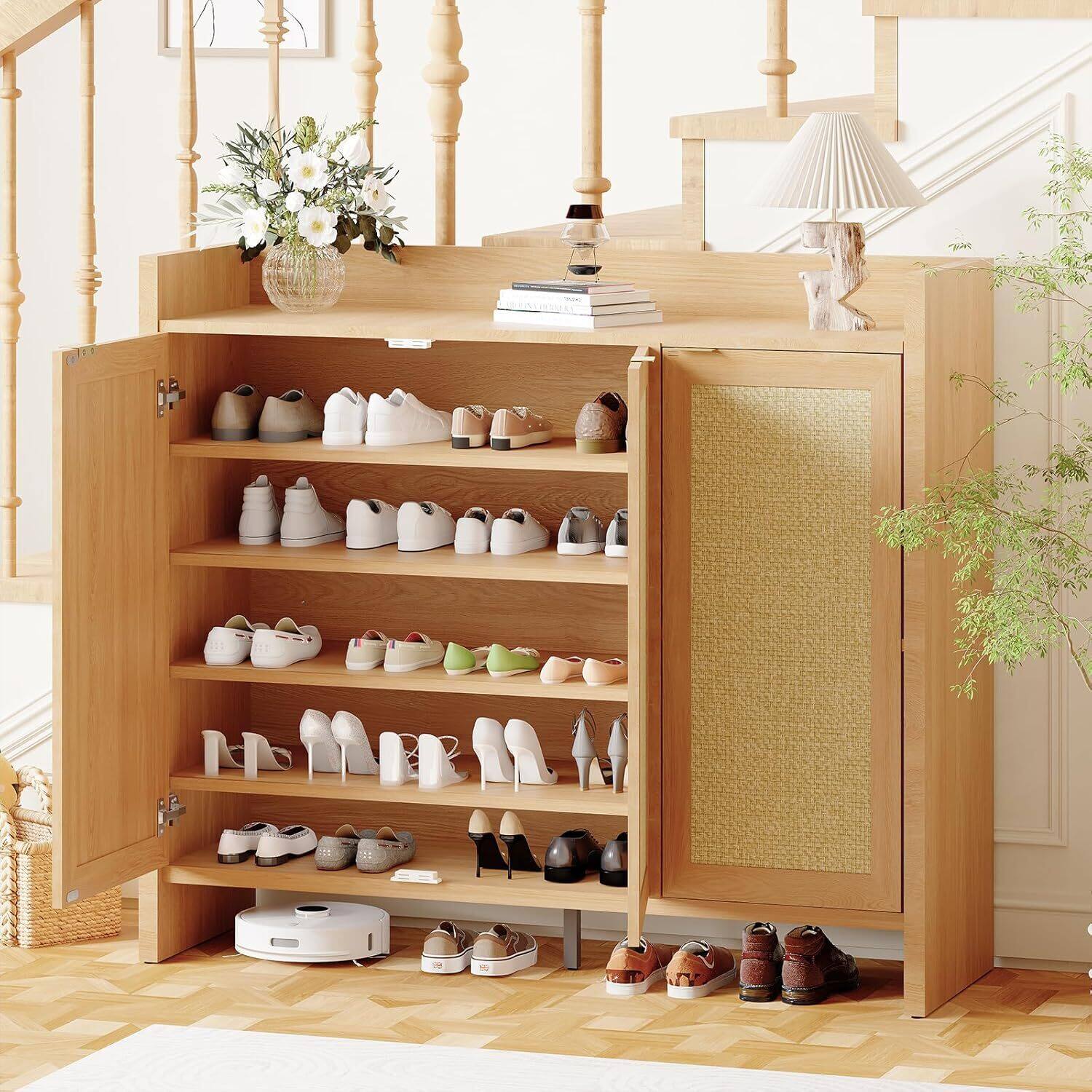 Front. GARVEE - Rattan Shoe Storage Cabinet, 47in Large Farmhouse Boho Wood Shoe Rack Cabinet with Rattan Doors, Dark Oak - Dark Oak.