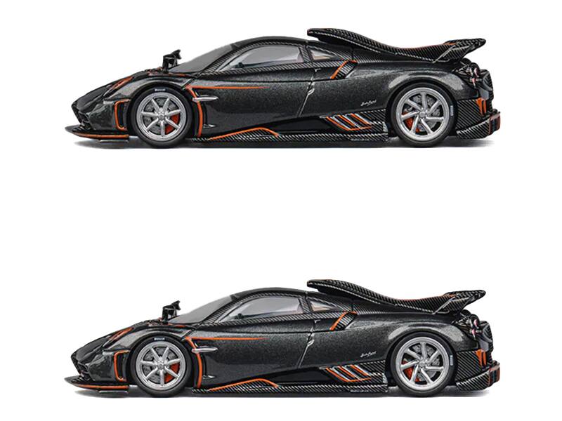 Angle. CM Models - Pagani Imola Dark Gray Metallic with Carbon and Orange Accents with Extra Wheels 1/64 Diecast Model Car by CM Model - Dark Gray Metallic.
