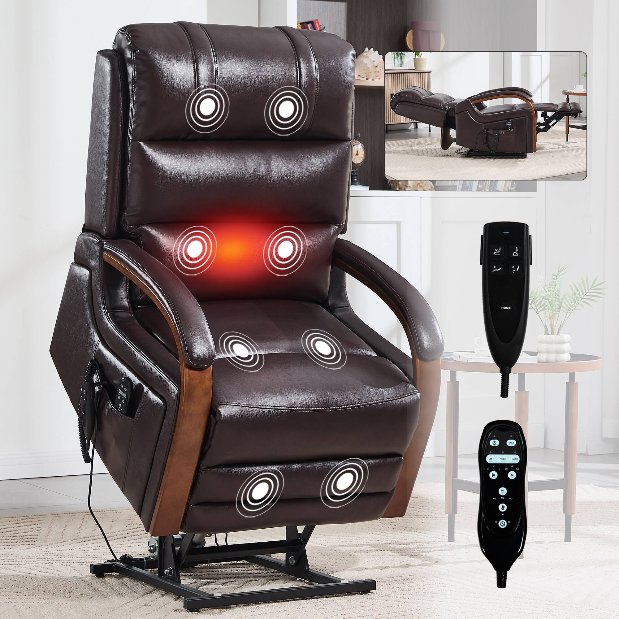 Front. APRILSOUL - Power Leatheraire Lift Recliner Chair with Solid Wood Armrests Heat Massage and Heavy Duty Motion Mechanism - Brown.