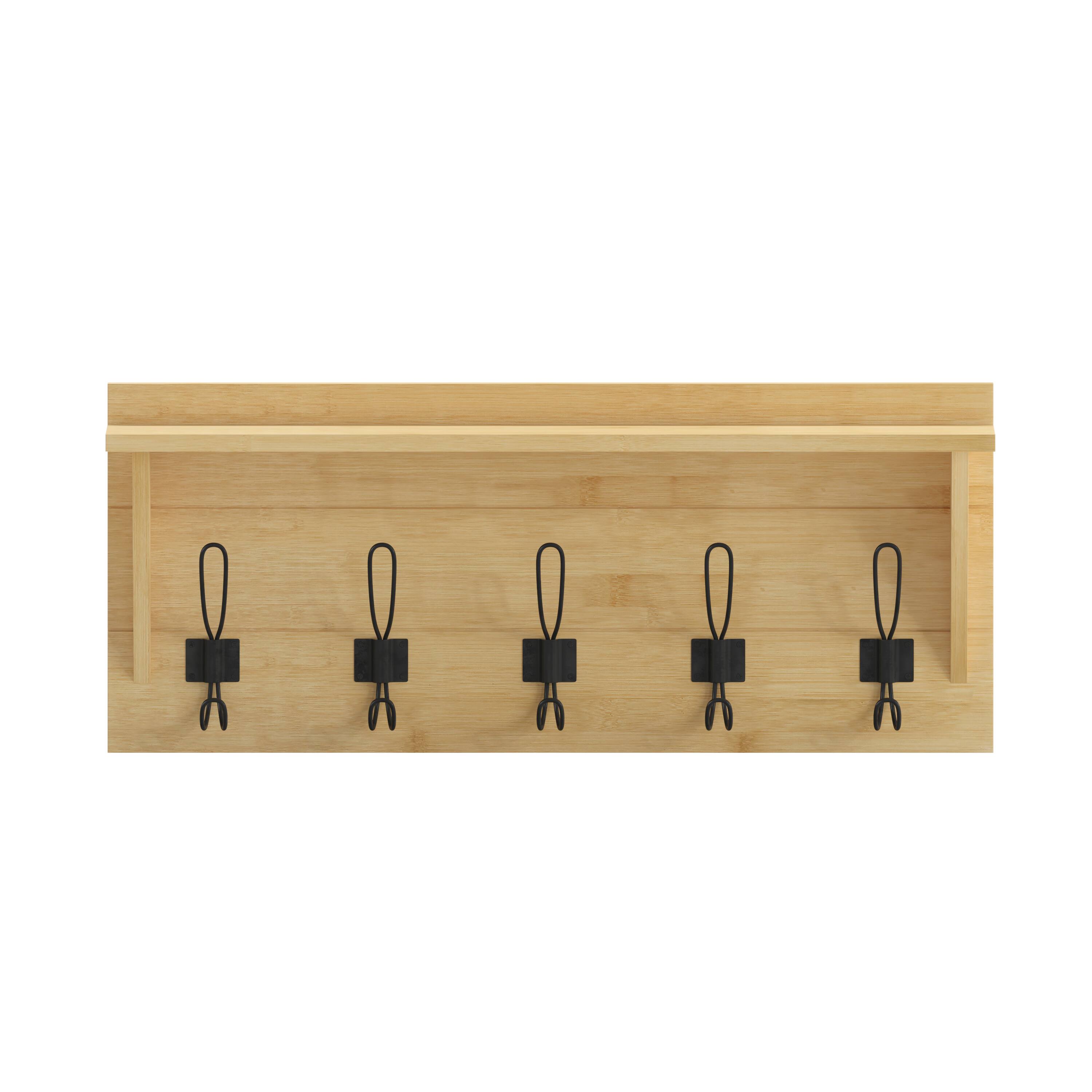 Alt View 9. Emma + Oliver - Alcott Rustic Country Wall Mounted Entryway Shelf with 5 Rustic Hooks and Wood Construction - Bamboo.
