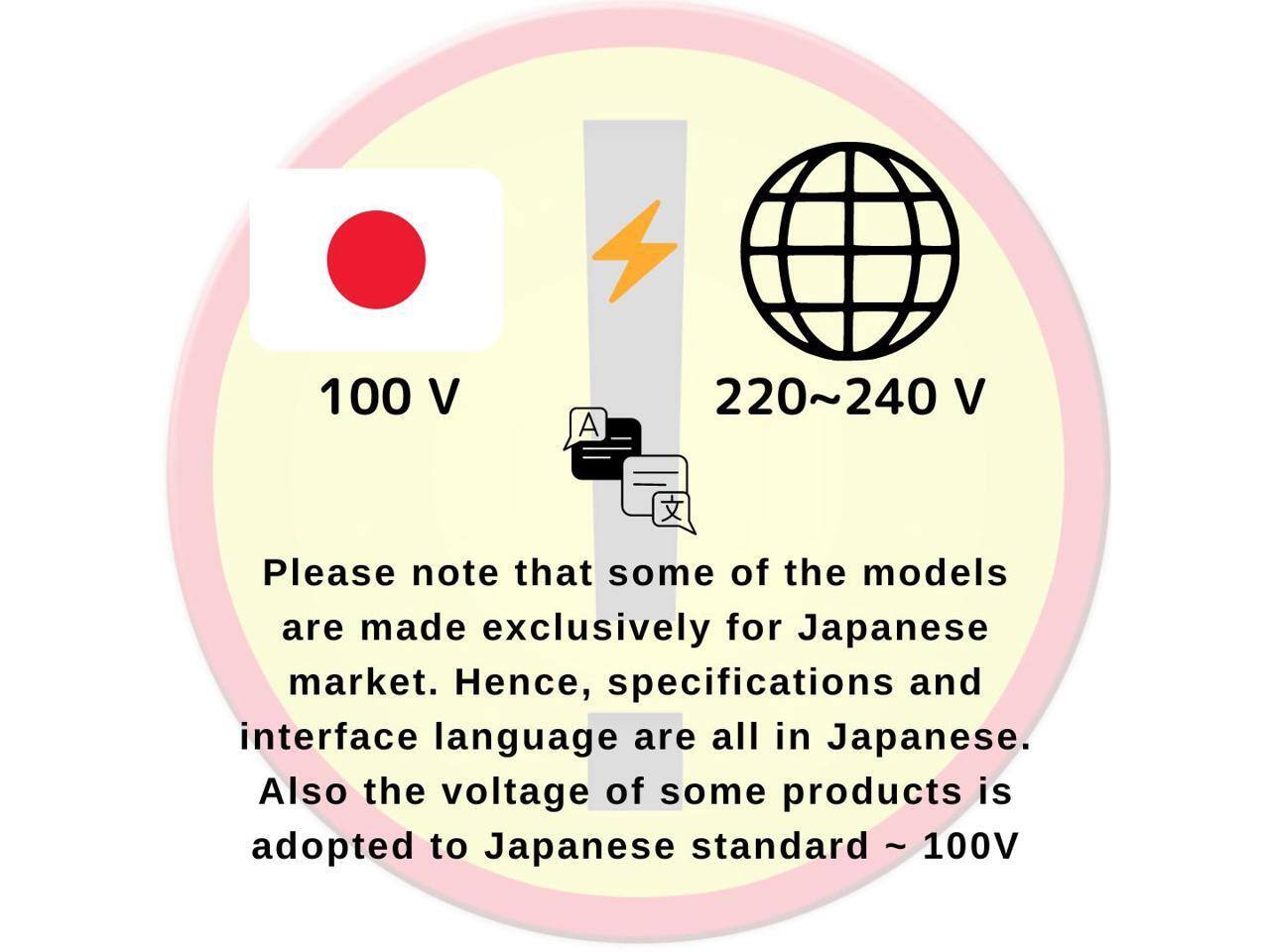 100 V A 220~240 V

Please note that some of the models are made exclusively for Japanese market. Hence, specifications and interface language are all in Japanese. Also the voltage of some products is adopted to Japanese standard ~ 100V