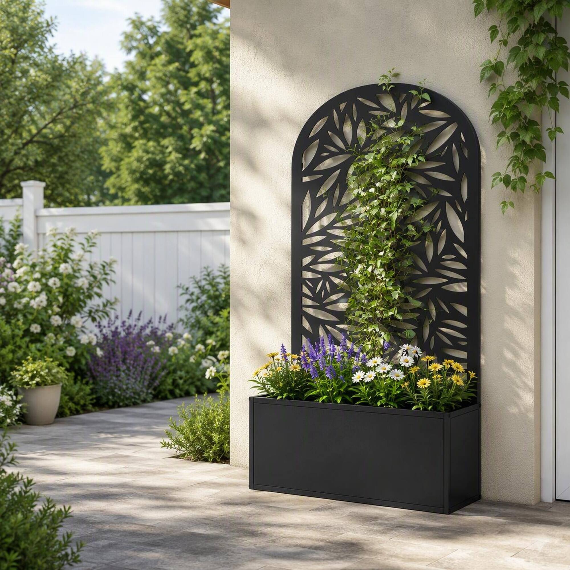 Back. RYHNUYNE - Metal Raised Garden Bed with Curved Leaf Trellis Privacy Panel, 24x9.1x44.5 Inch Black Planter Box for Wall Mount - Black.