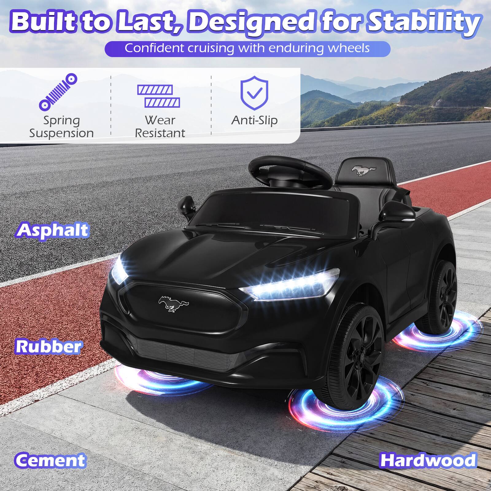 Built to Last, Designed for Stability  
Confident cruising with enduring wheels  

- Spring Suspension  
- Wear Resistant  
- Anti-Slip  

Asphalt  
Rubber  
Cement  
Hardwood