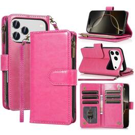 Equipd - Phone Case for iPhone 17 Pro 6.3", Luxury Wallet Card ID Zipper Money Holder Cover - Pink