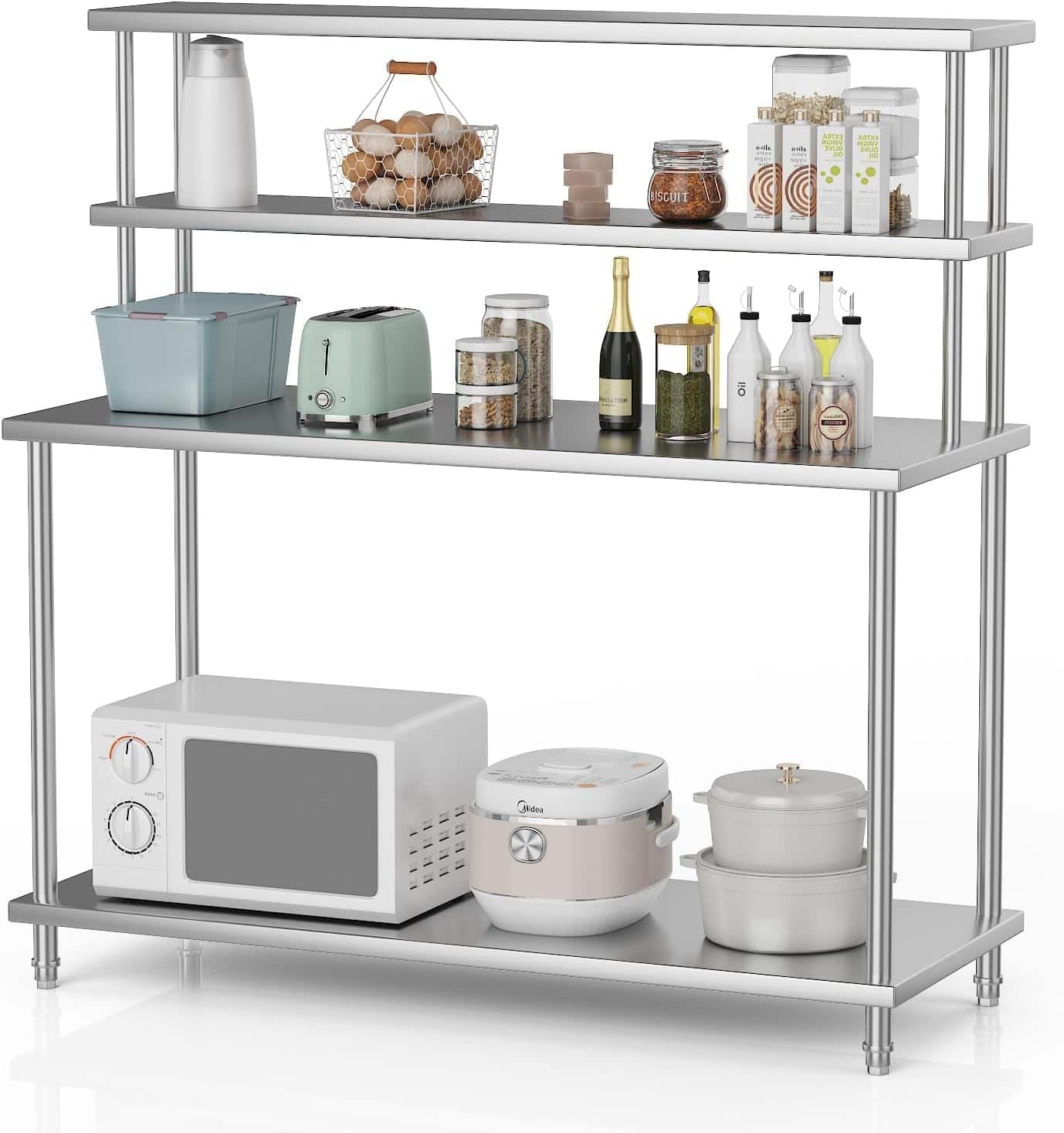 Acekool - Heavy Duty 4-Tier Stainless Steel Prep Table with Overshelves & Adjustable Shelf, 60x24 in Workbench,No wheels - Silver